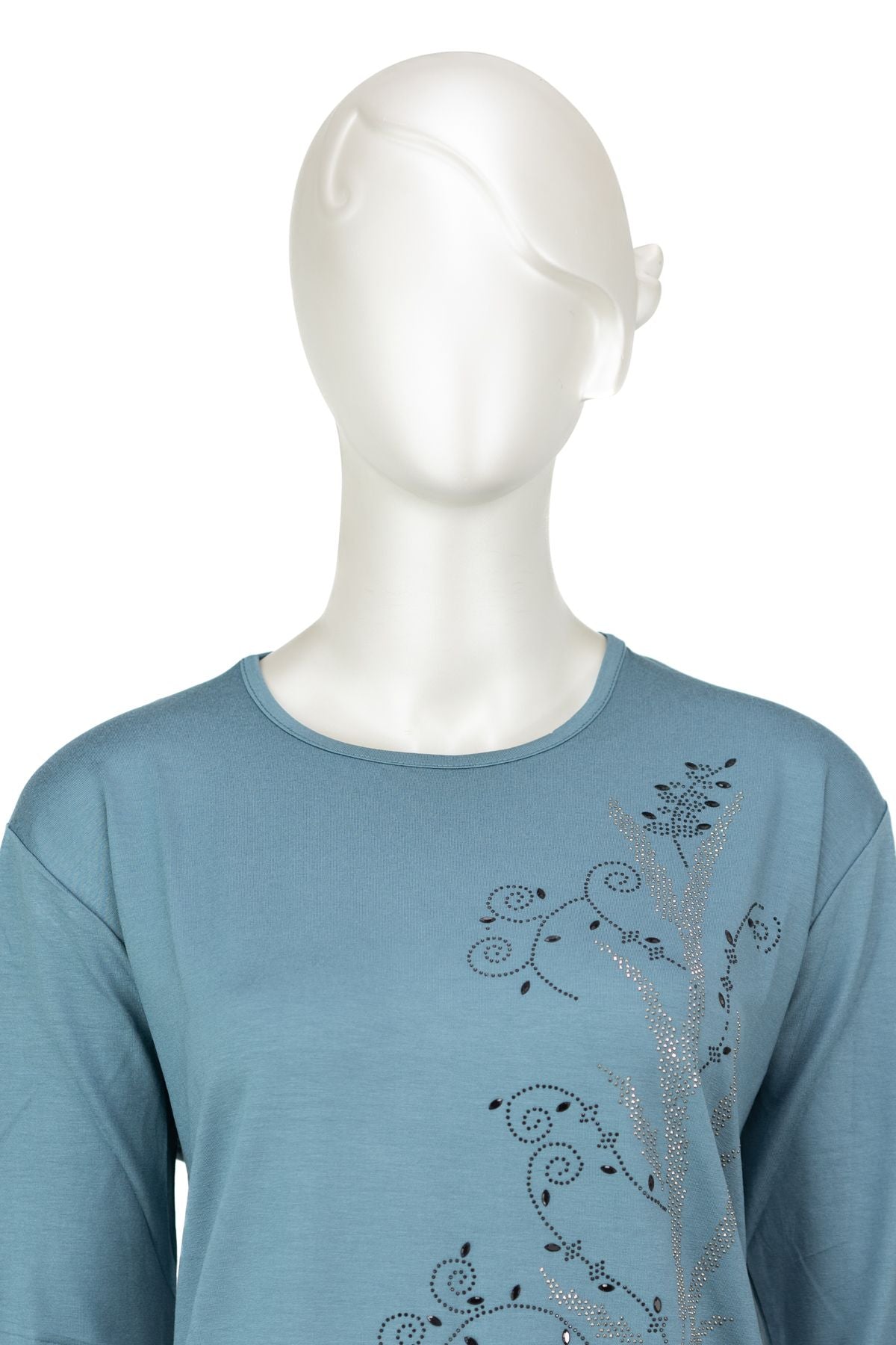 Kadın Turlu Viskon Penye Kumaş Anne Bluz Şık Çiçek Taşlı Yuvarlak Yaka Tam Kalıp Likralı