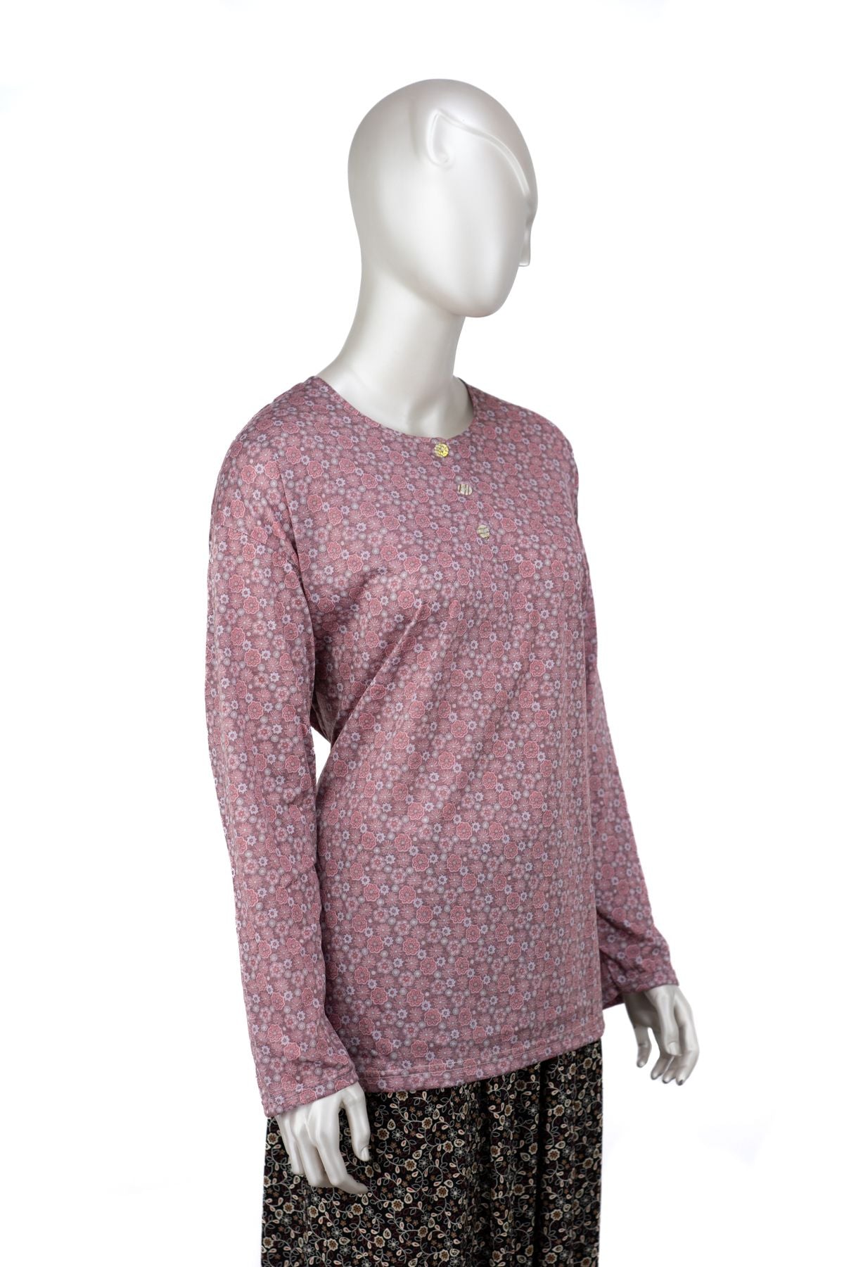 Kadın Kağıt Baskı Klasik Anne Bluz Pamuk Kumaş Manolya Desenli Üç Düğmeli Tam Kalıp