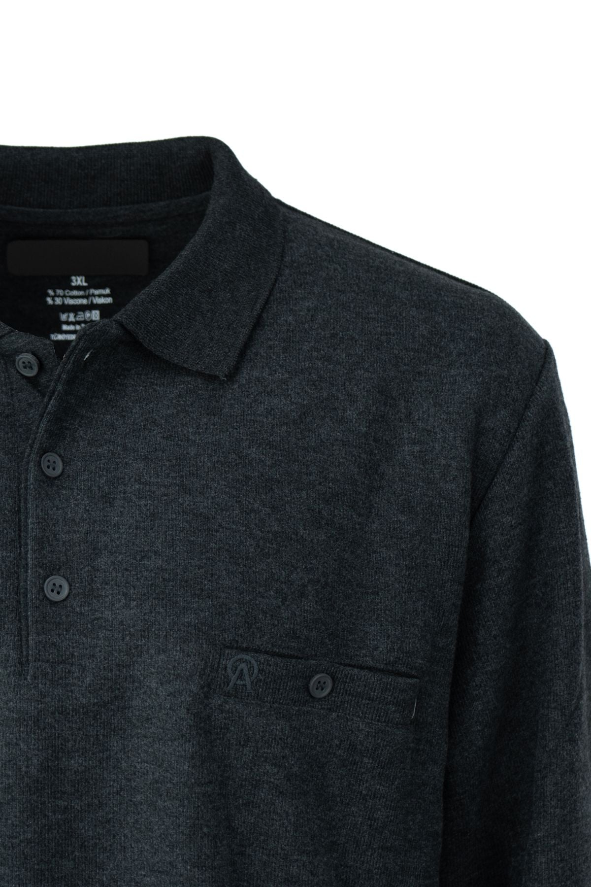 Erkek Kışlık Düğmeli Polo Yaka Düz Renk Armalı Fileto Cepli Uzun Kollu Pamuklu Dokuma Kazak
