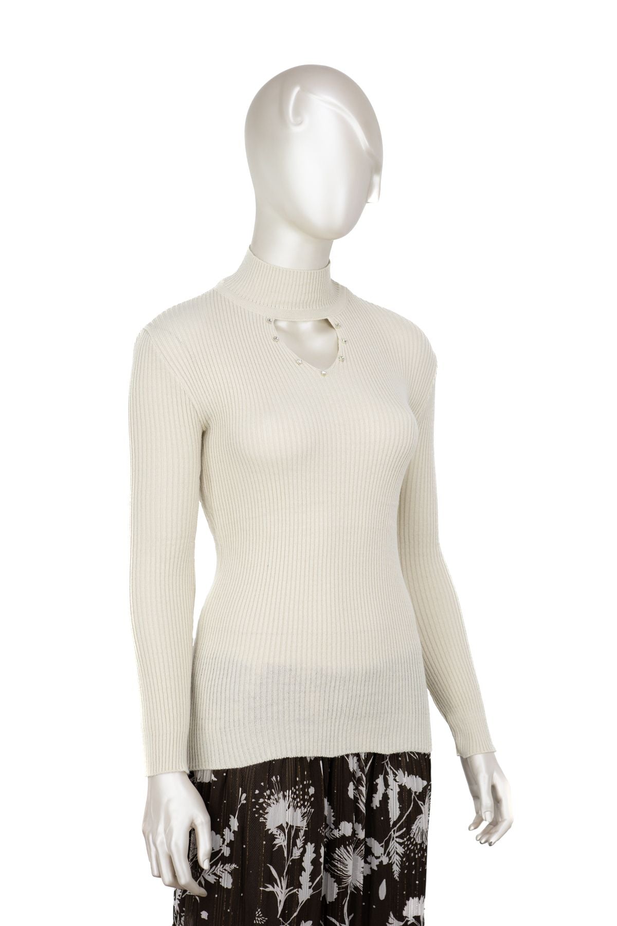 Kadın Kışlık Yarım Yakalı ve Taşlı Yaka Açıklığı Bulunan Bedene Oturan Örme Triko Badi Kazak