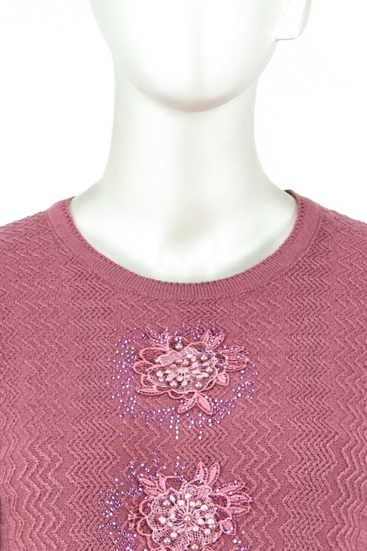 Kadın Kışlık Çiçek Tacı Motifli Boncuklu Ve Taşlı Kardelen Dokuma Genç Anne Triko Kazak