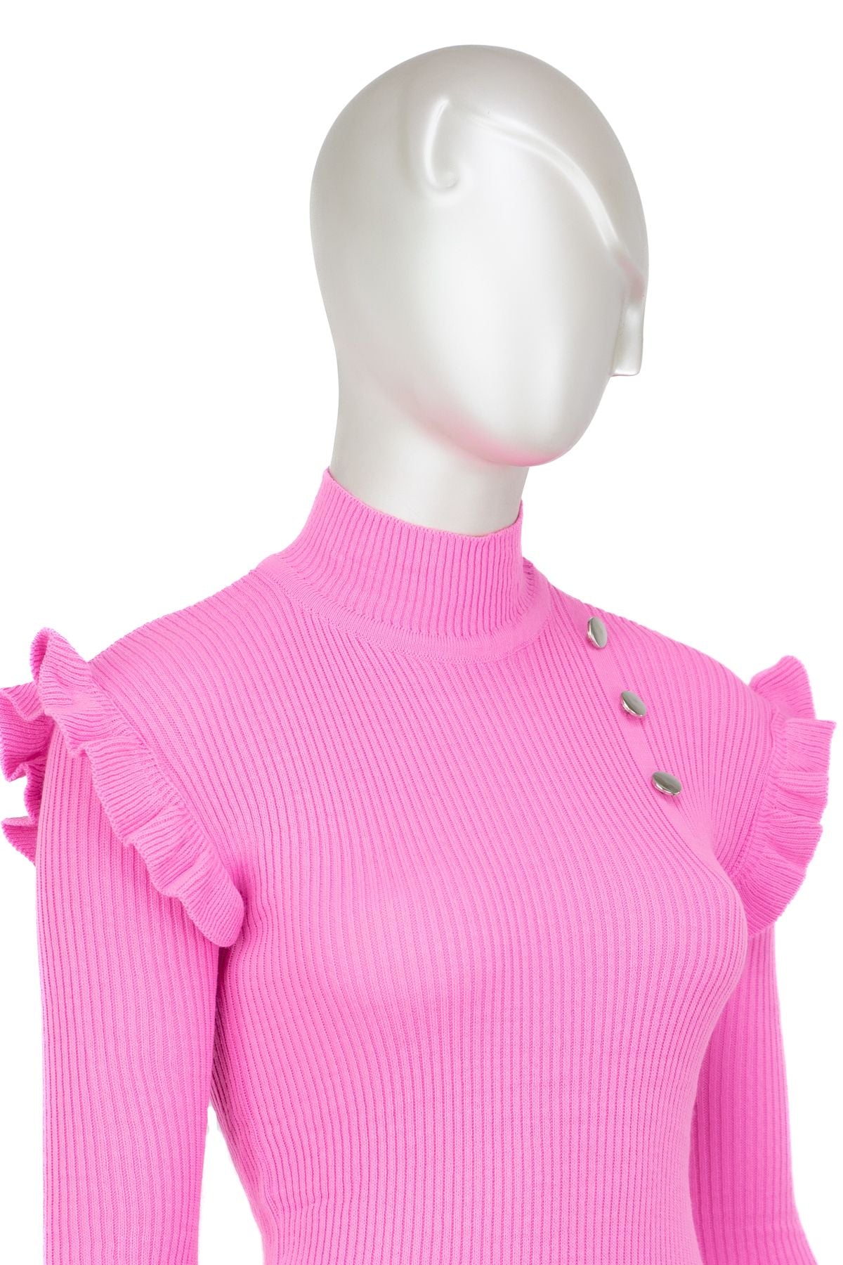 Kadın Kışlık Kolları Şık DüğmeDetaylı Yarım Yaka Bedene Oturan Likralı Örme Triko Badi Kazak