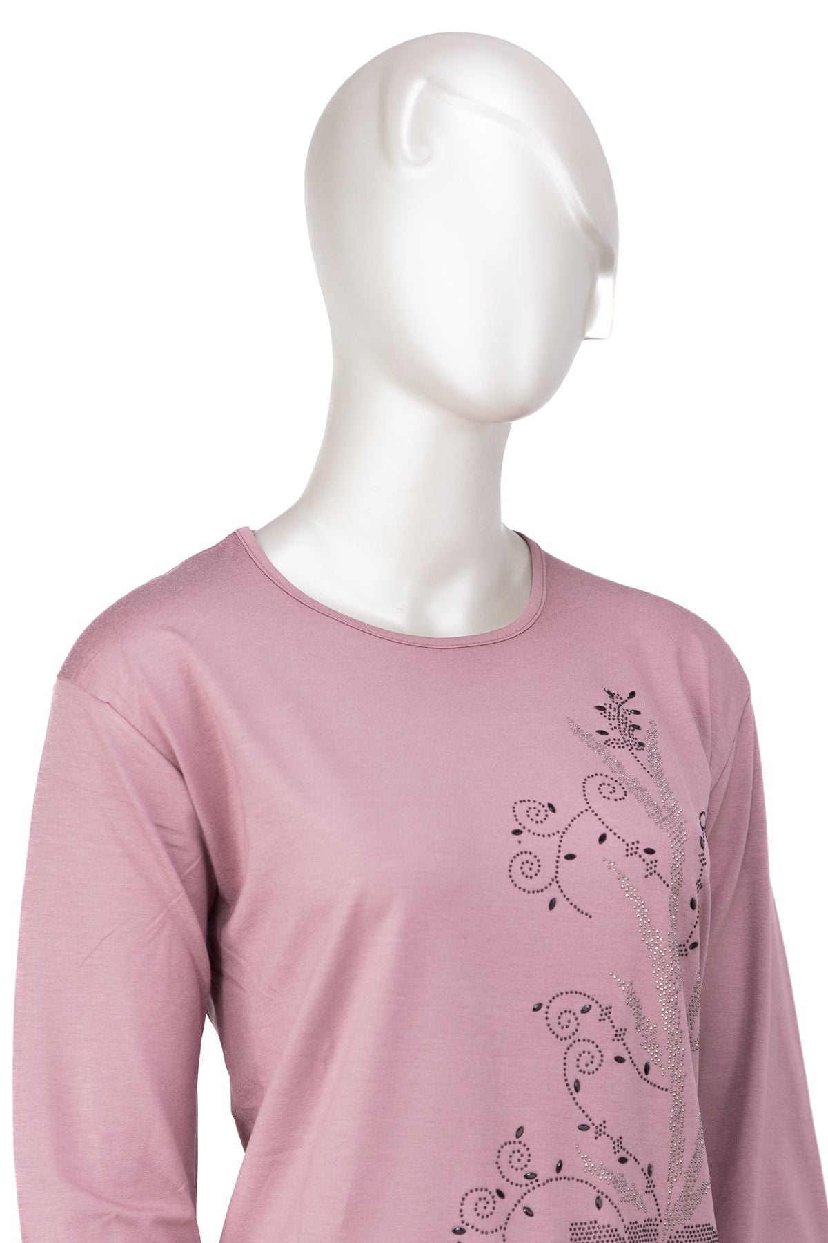 Kadın Turlu Viskon Penye Kumaş Anne Bluz Şık Çiçek Taşlı Yuvarlak Yaka Tam Kalıp Likralı