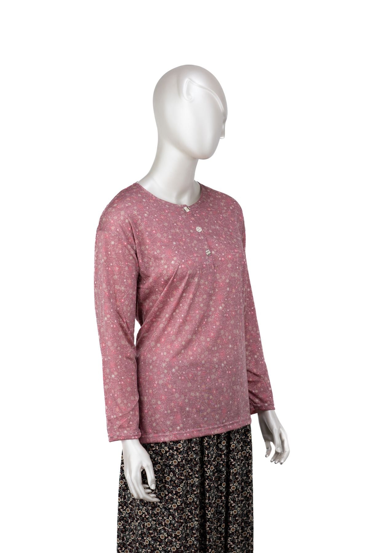 Kadın Kağıt Baskı Klasik Anne Bluz Demet Desenli Üç Düğmeli Yuvarlak Yaka Likralı Tam Kalıp