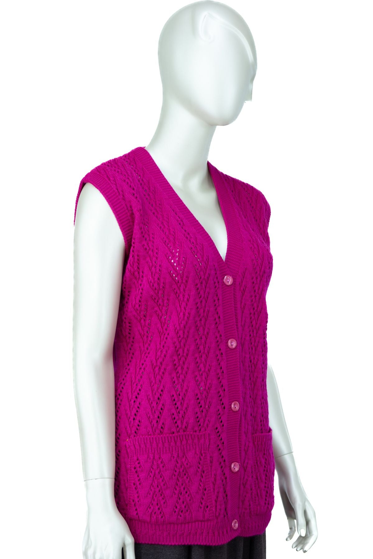 Kadın Kışlık Pamuklu Triko Klasik Örme Anne Yelek Kilim Örgü Model Önden Düğmeli Çift Cepli