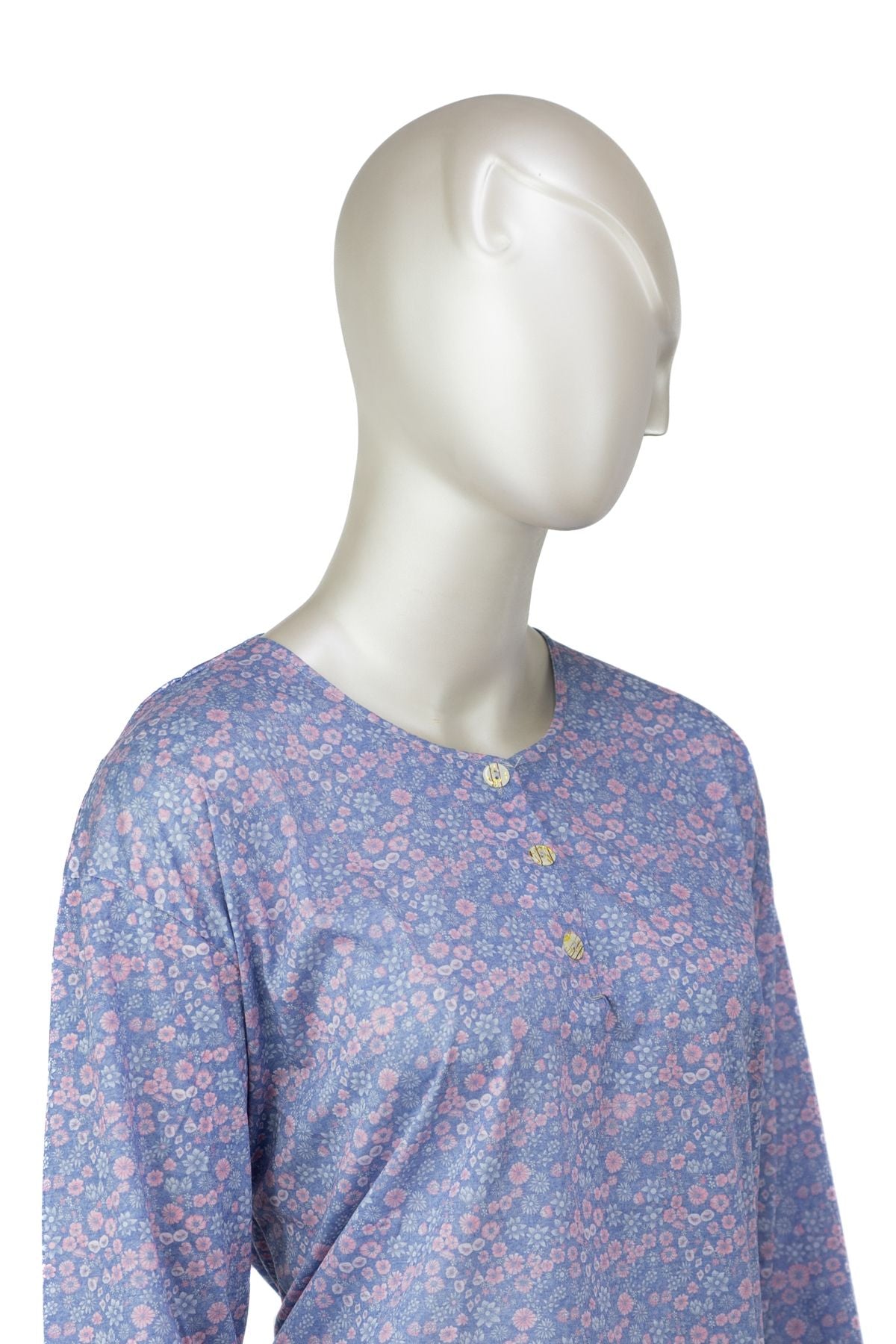 Kadın Kağıt Baskı Klasik Anne Bluz Pamuk Kumaş Fulya Desenli Üç Düğmeli Rahat Tam Kalıp