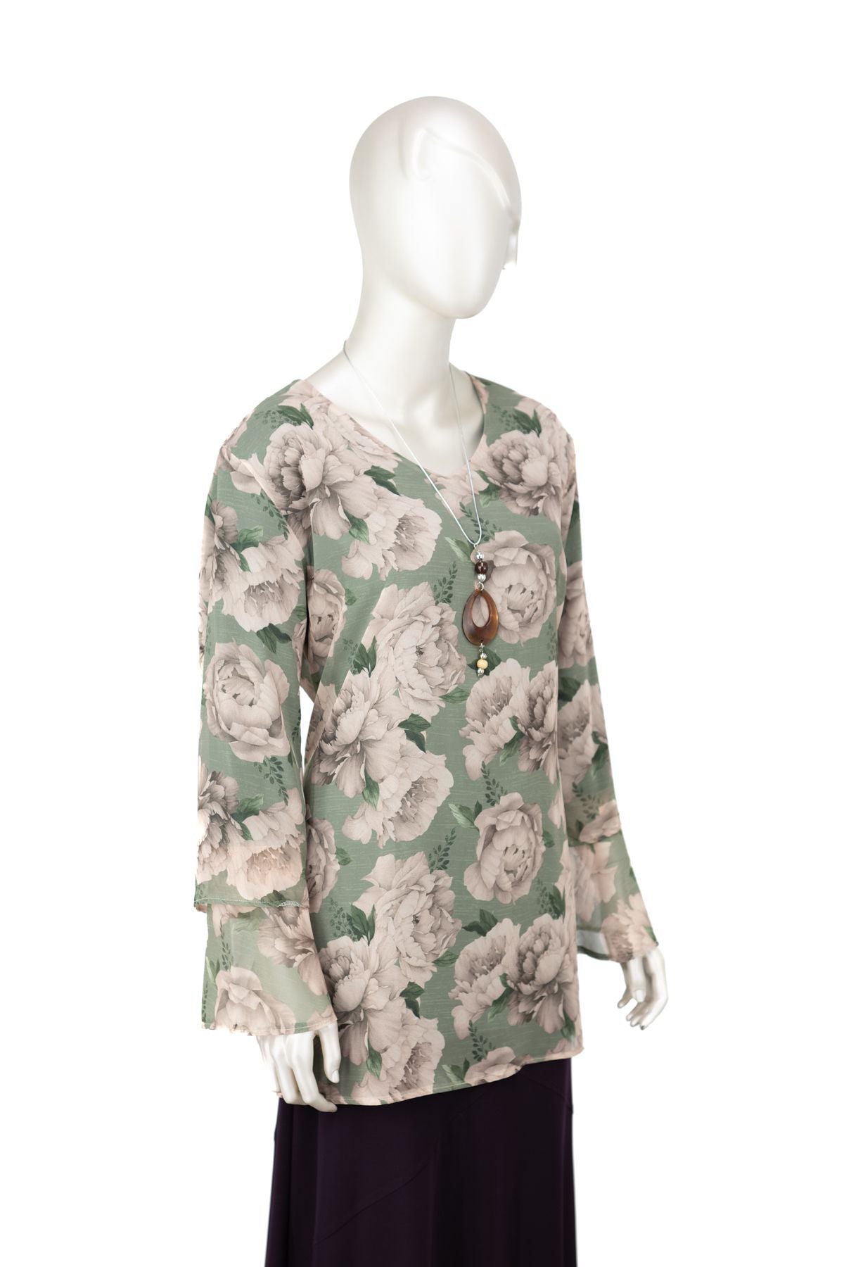 Kadın Klasik Şifon Anne Bluz Viskoz Kumaş Gül Desenli Kolyeli Uzun Kollu Astarlı Tam Kalıp