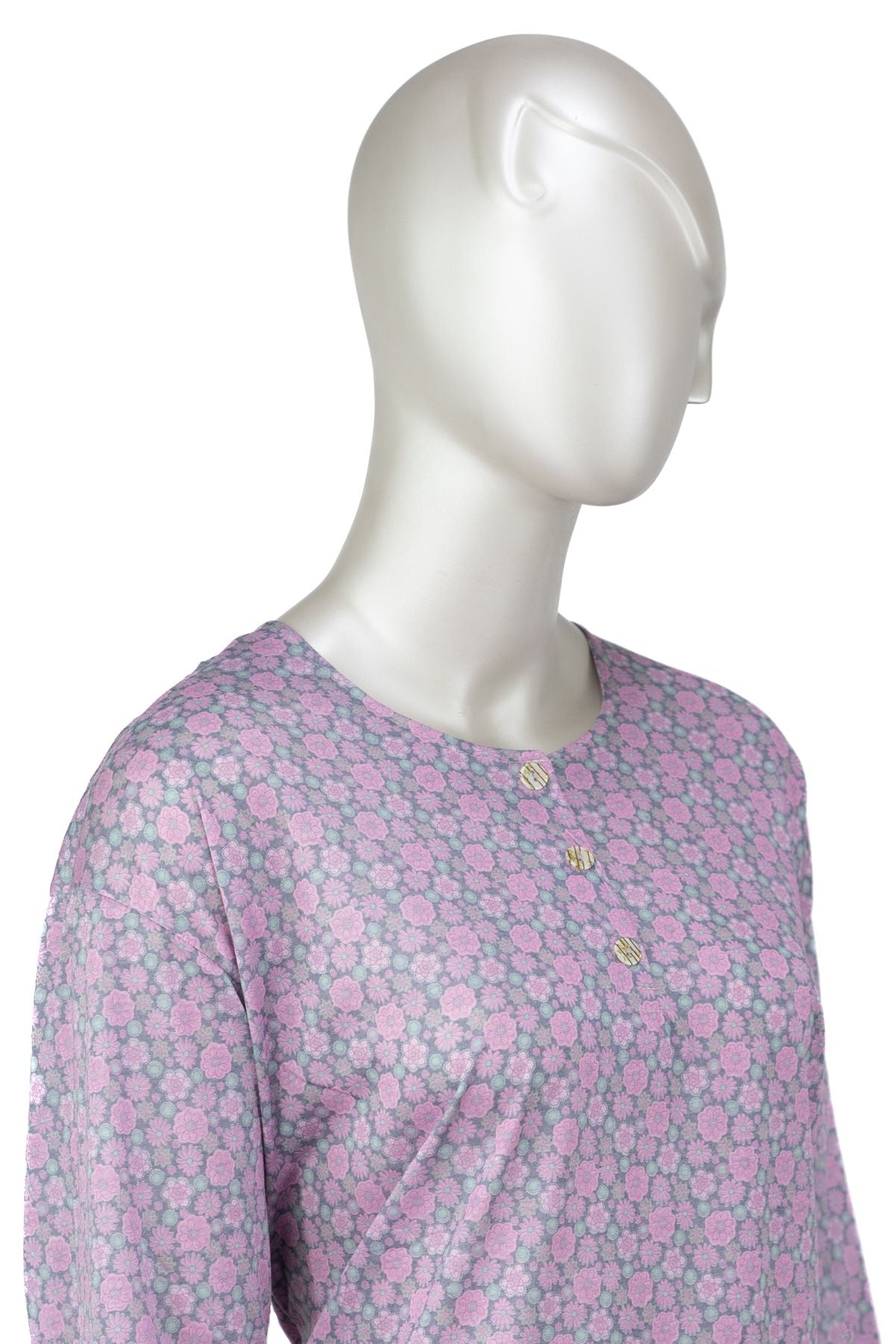 Kadın Kağıt Baskı Klasik Anne Bluz Pamuk Kumaş Manolya Desenli Üç Düğmeli Tam Kalıp