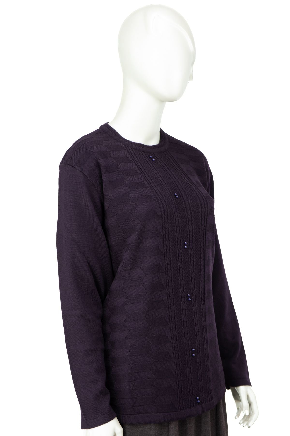 Kadın Kışlık Pamuklu Triko Dokuma Anne Kazak Boncuklu Damlam Motifli Yuvarlak Yakalı