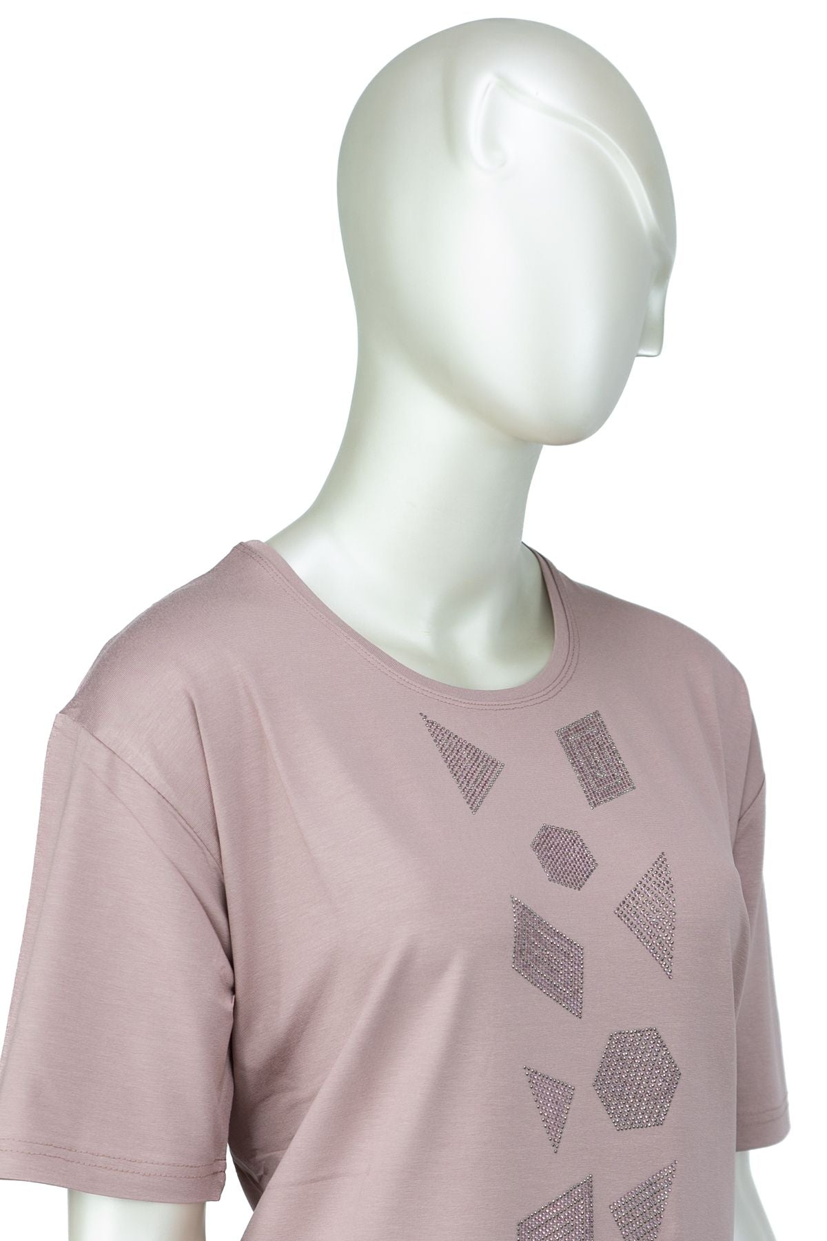 Kadın Düğün Taşlı Yuvarlak Yaka Kısa Kol Tam Kalıp Büyük Beden Viskon Penye Kumaş Anne Bluz