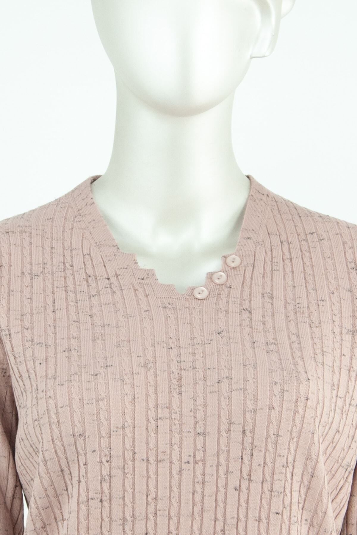 Kadın Kışlık Simetri V Yaka Desenli Uzun Kol Likralı Dokuma Triko Ince Anne Kazak