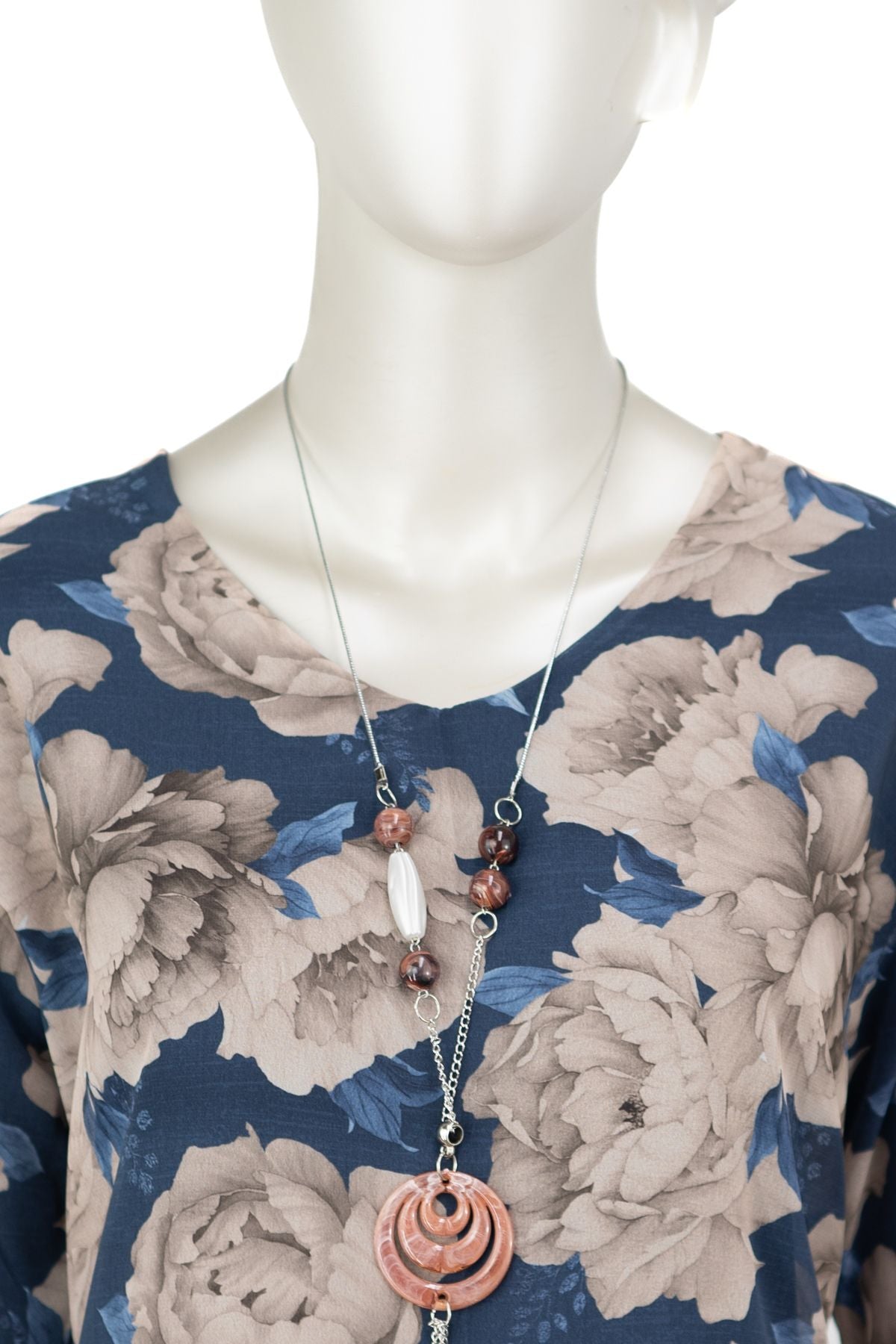 Kadın Klasik Şifon Anne Bluz Viskoz Kumaş Gül Desenli Kolyeli Uzun Kollu Astarlı Tam Kalıp