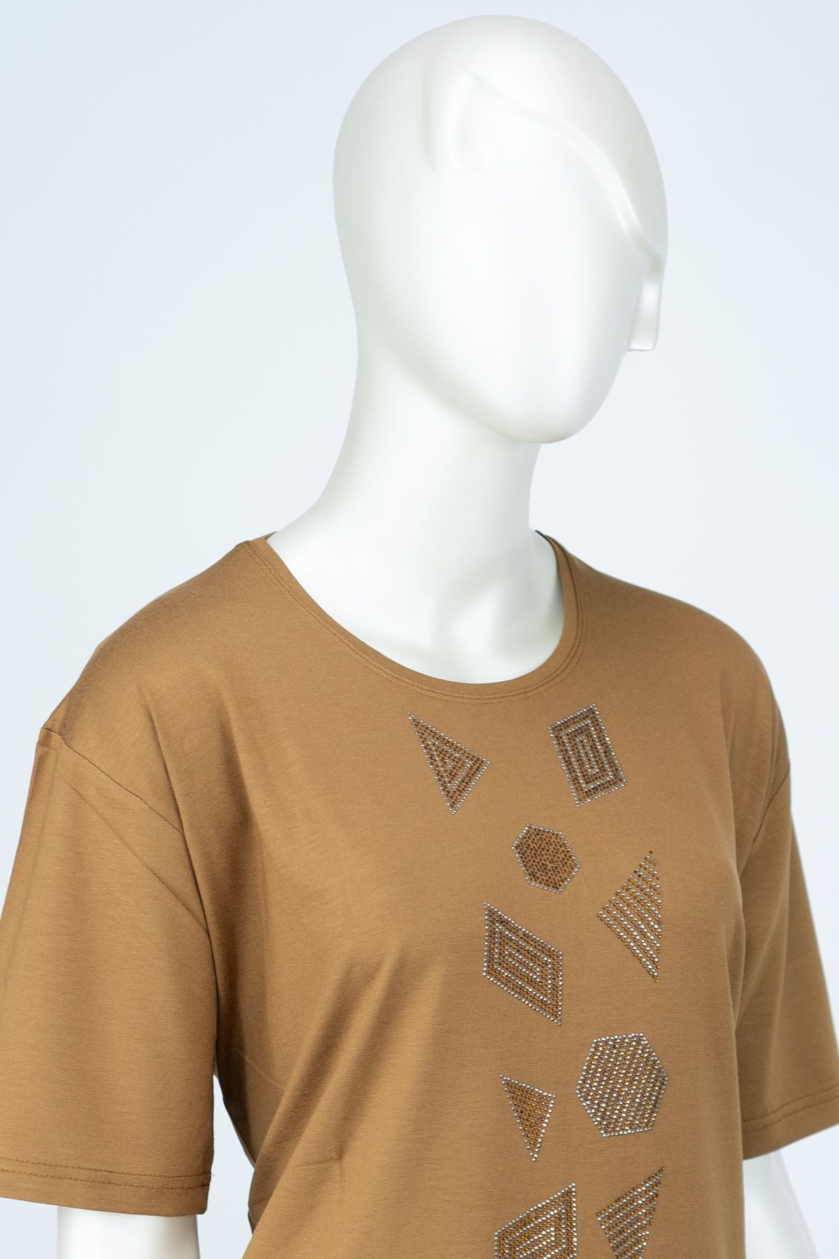 Kadın Düğün Taşlı Yuvarlak Yaka Kısa Kol Tam Kalıp Büyük Beden Viskon Penye Kumaş Anne Bluz