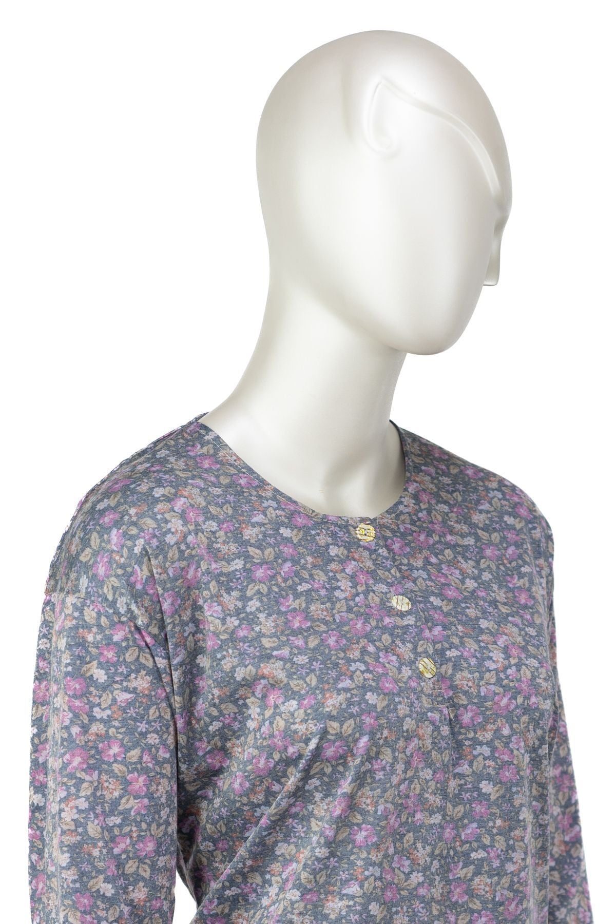 Kadın Kağıt Baskı Klasik Anne Bluz Pamuk Kumaş Begonya Desenli Üç Düğmeli Tam Kalıp