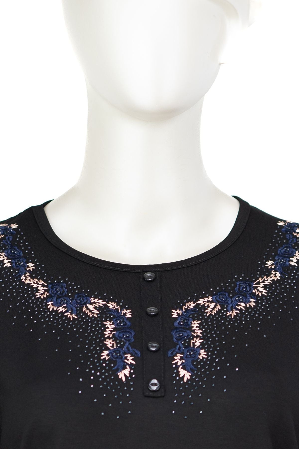 Kadın Turlu Viskon Penye Kumaş Anne Bluz Şık Taşlı ve Nakışlı Yuvarlak Yaka TamKalıp Likralı