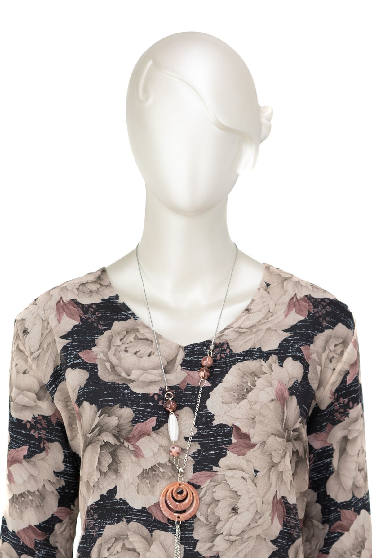 Kadın Klasik Şifon Anne Bluz Viskoz Kumaş Gül Desenli Kolyeli Uzun Kollu Astarlı Tam Kalıp