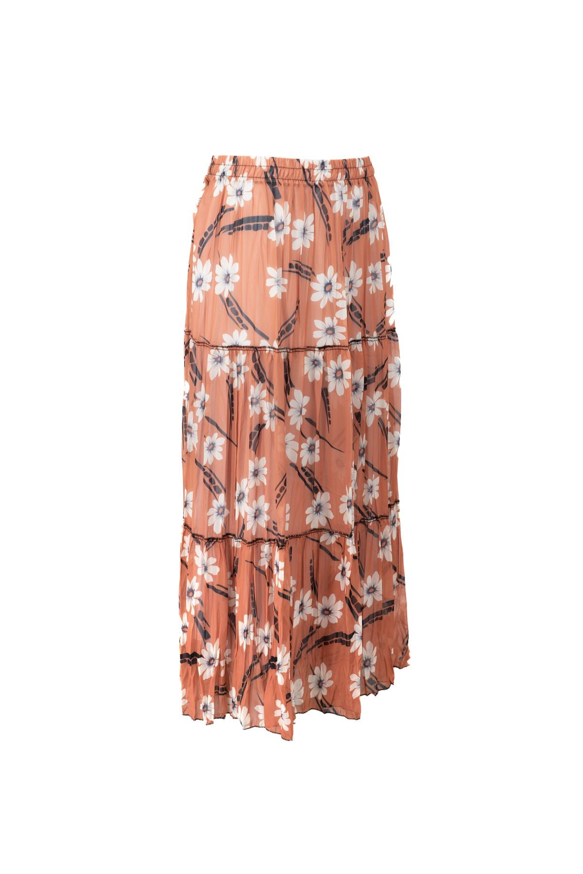 Kadın Astarlı Şifon Etek Bahar Çiçekleri Desenli Beli Lastikli Rahat Kesim Parçalı