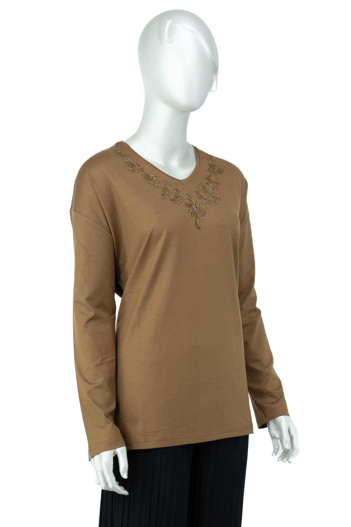 Kadın Demet Desenli V Yaka Uzun Kollu Tam Kalıp Likralı Viskon Penye Kumaş Anne Bluz