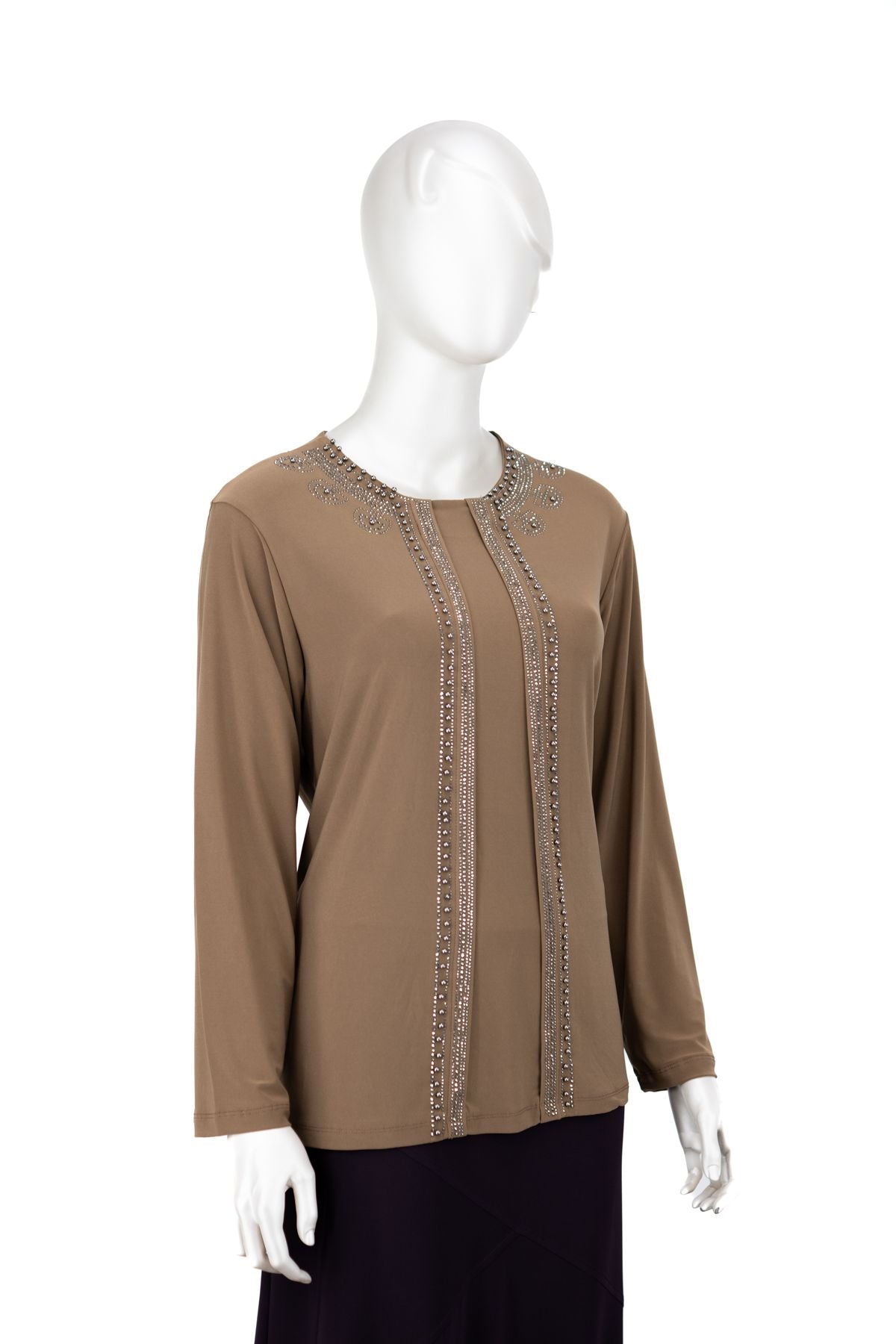 Kadın Sandy Kumaş Anne Bluz inci Taşlı Boncuklu Yuvarlak Yaka Likralı Rahat Kesim Tam Kalıp