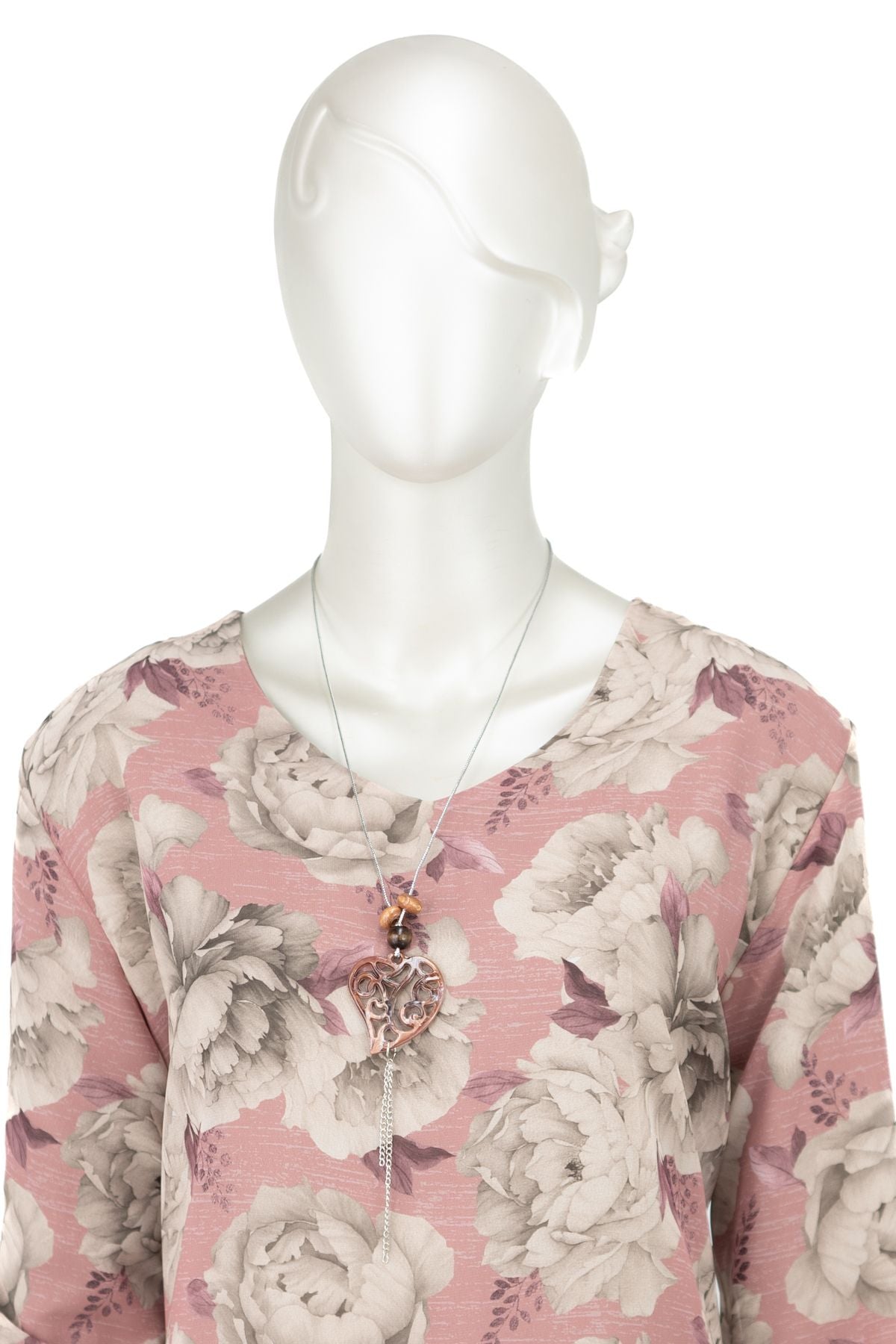 Kadın Klasik Şifon Anne Bluz Viskoz Kumaş Gül Desenli Kolyeli Uzun Kollu Astarlı Tam Kalıp