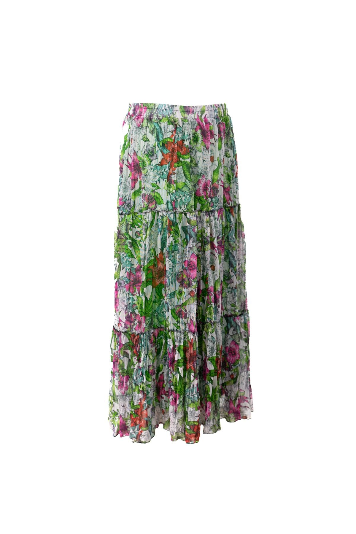 Kadın Astarlı Şifon Etek Manolya Desenli Beli Lastikli Rahat Kesim Parçalı