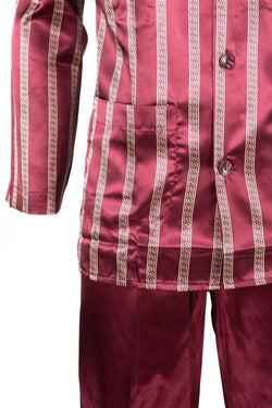 Erkek Şık Şerit Desenli Gömlek Yaka Cepli Pamuklu Kumaş Geniş Paça Saten Üçlü Pijama Takımı