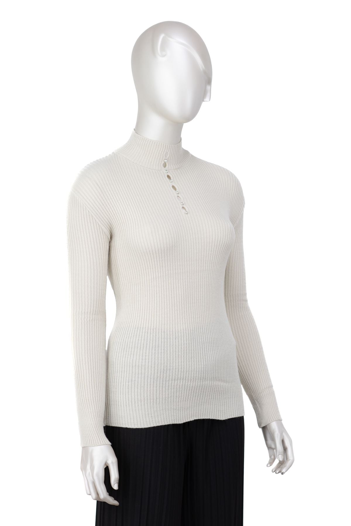 Kadın Kışlık Göğüste Şık Taşlı Yarım Yaka Bedene Oturan Likralı Örme Triko Badi Kazak