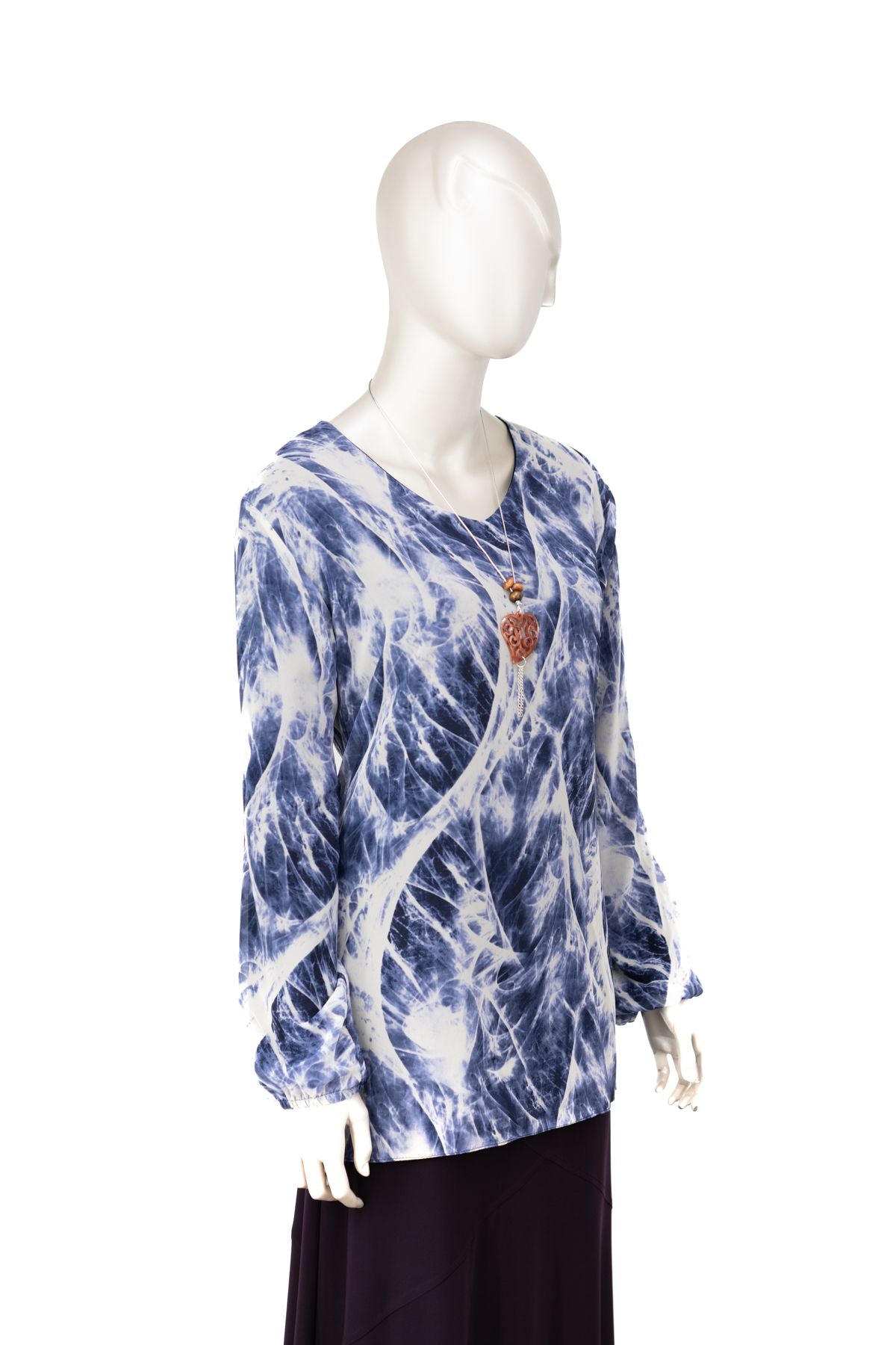 Kadın Klasik Şifon Anne Bluz Viskoz Kumaş Sanat Desenli Kolyeli Astarlı RahatKesim Tam Kalıp