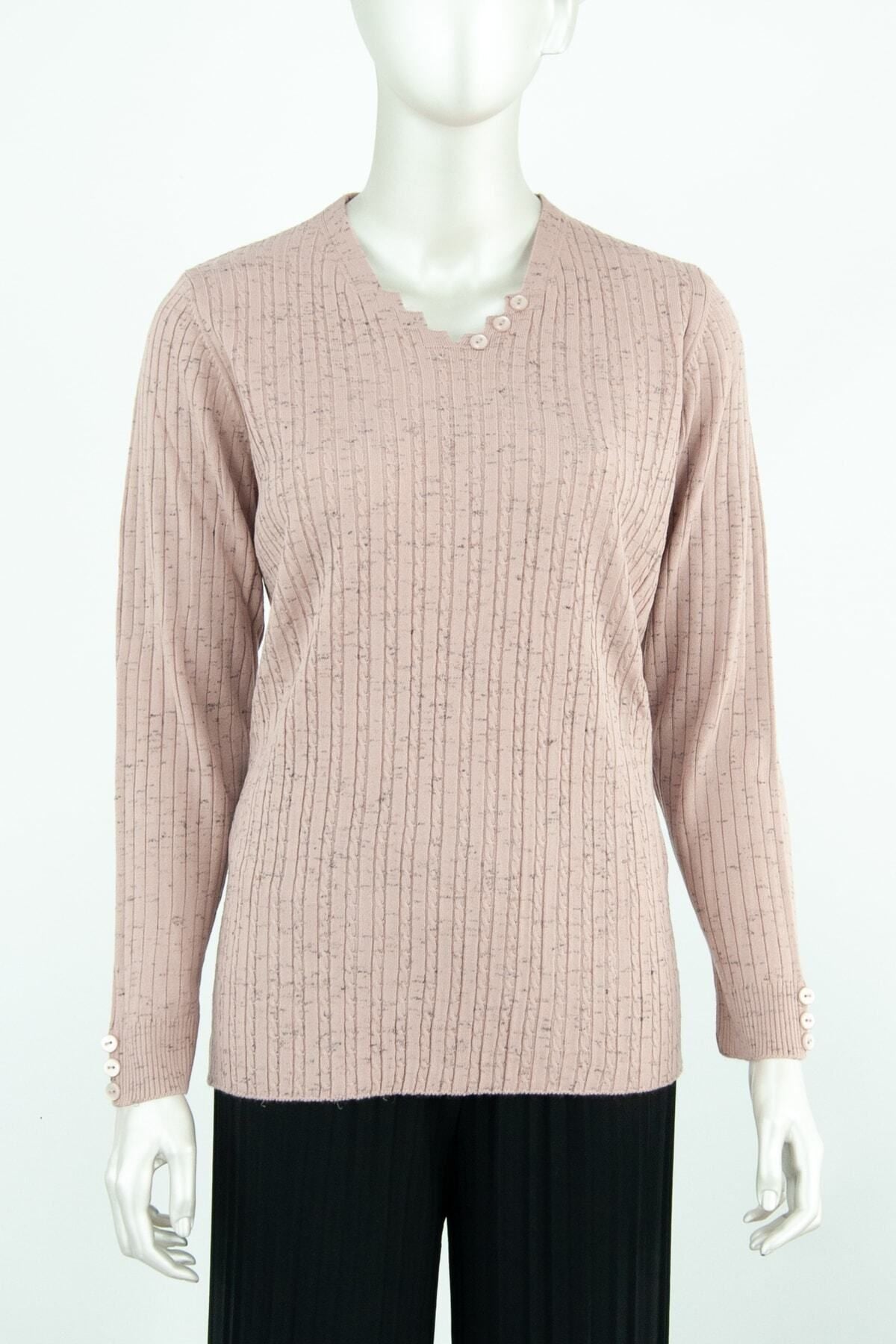 Kadın Kışlık Simetri V Yaka Desenli Uzun Kol Likralı Dokuma Triko Ince Anne Kazak