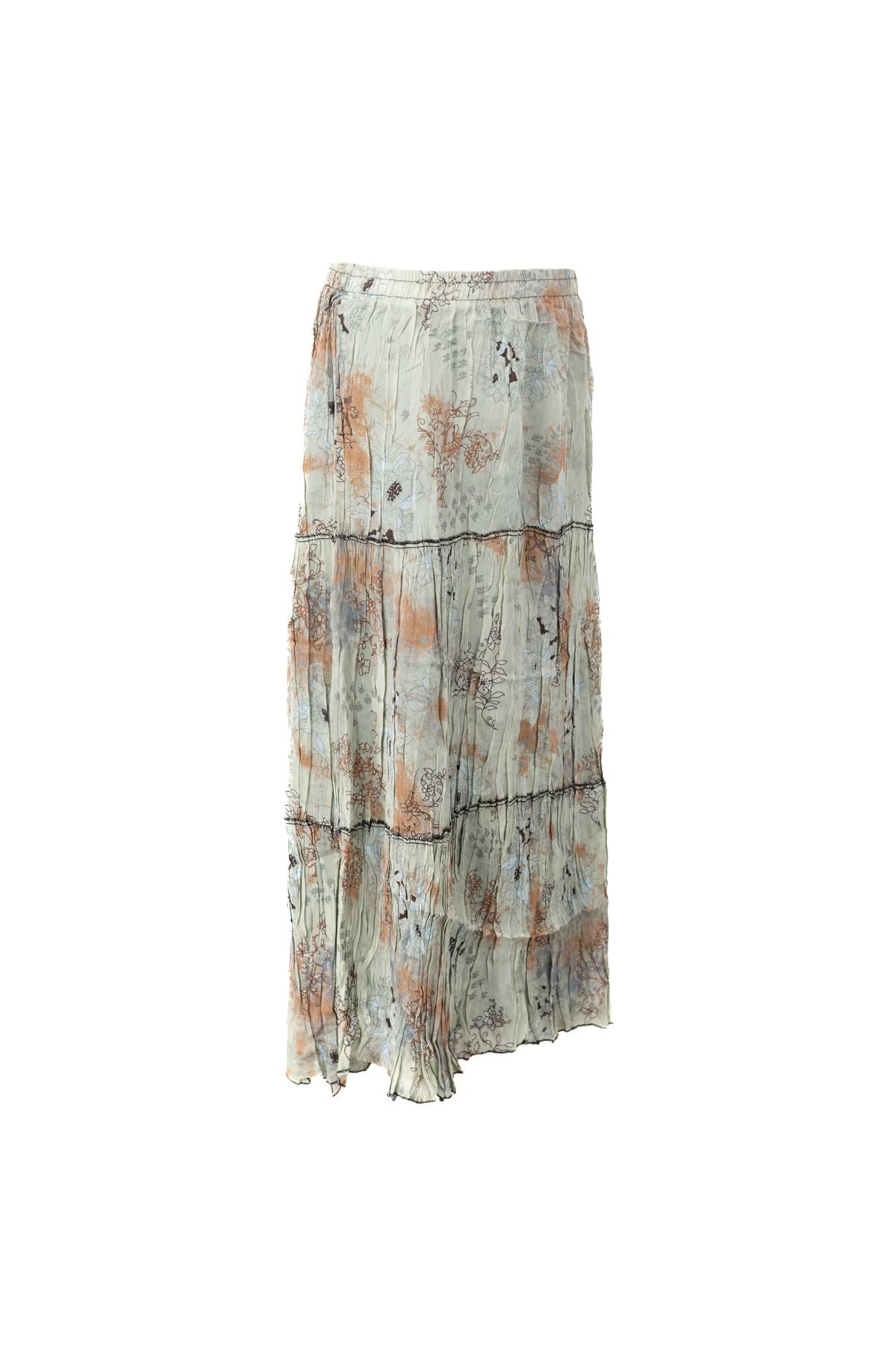 Kadın Astarlı Şifon Etek Bahar Çiçekleri Desenli Beli Lastikli Rahat Kesim Parçalı