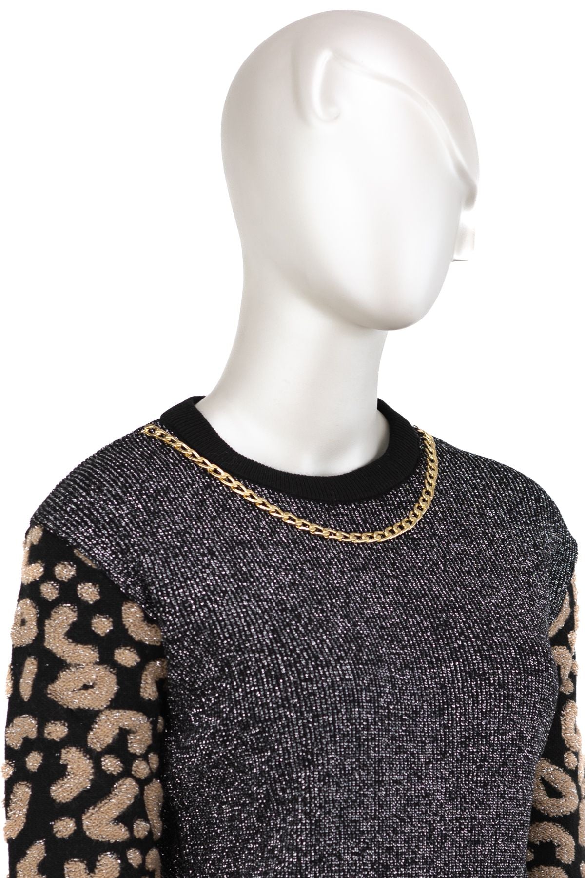 Kadın Kışlık Zincir Modelli Yuvarlak Yaka Spor Kesim Likralı Simli iplikten Örme Triko Kazak