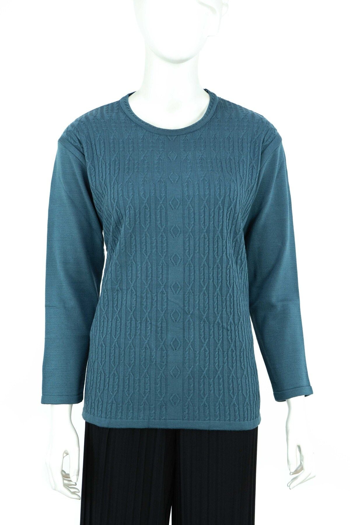 Kadın Kışlık Kendinden Motifli Yuvarlak Yaka Likralı Pamuklu Triko Dokuma Anne Kazak