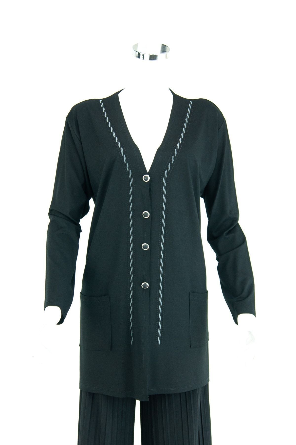 Kadın Önü Düğmeli Ve Çift Cepli Şık Örgü Detaylı Turlu Viskon Penye Kumaş Anne Hırka