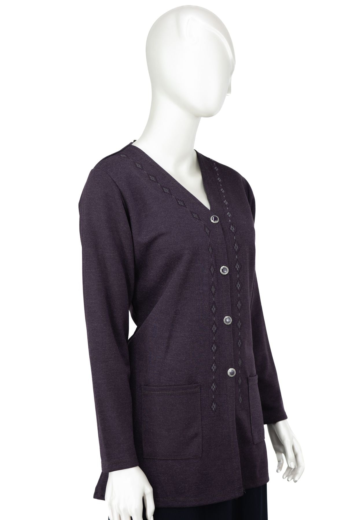 Kadın Kışlık Anne Hırka Modern Çiçek Nakışlı Ecrin Örme Önü Düğmeli Çift Cepli Likralı