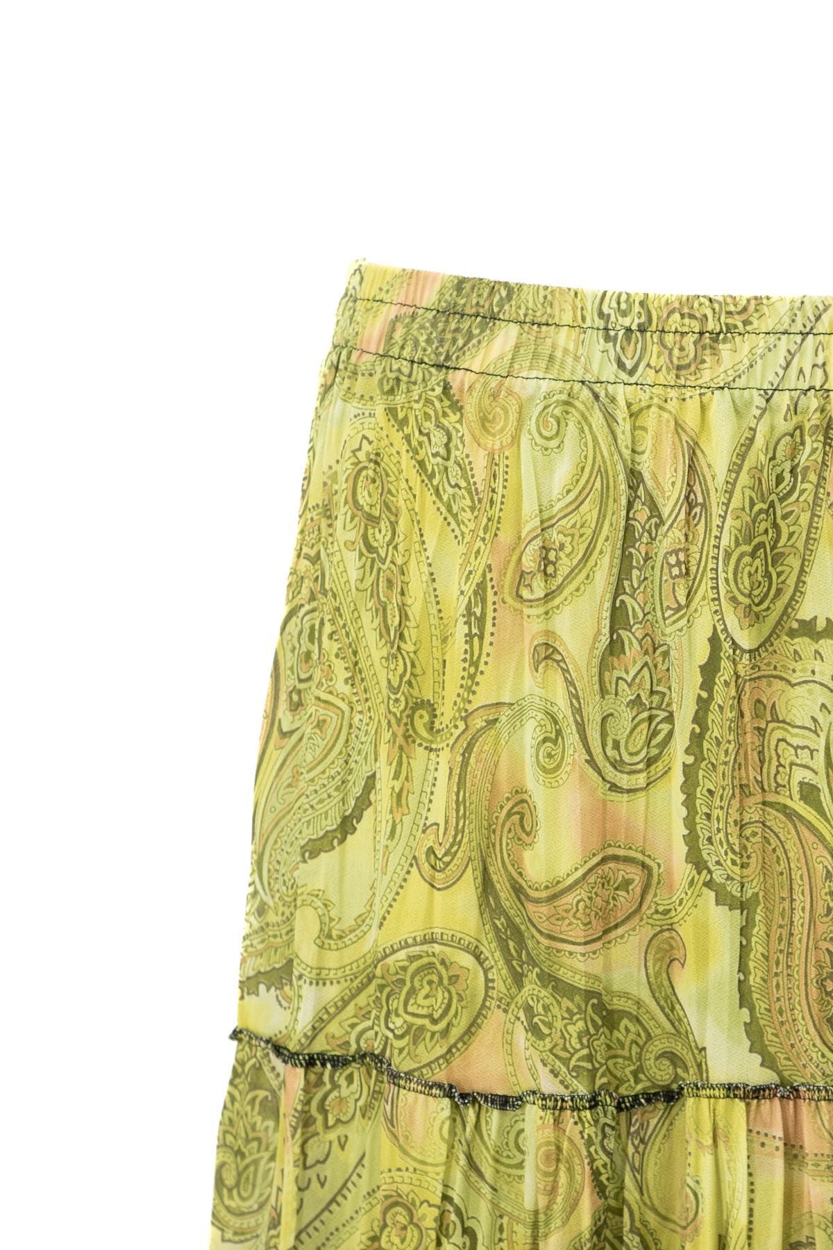 Kadın Astarlı Şifon Etek Manolya Desenli Beli Lastikli Rahat Kesim Parçalı