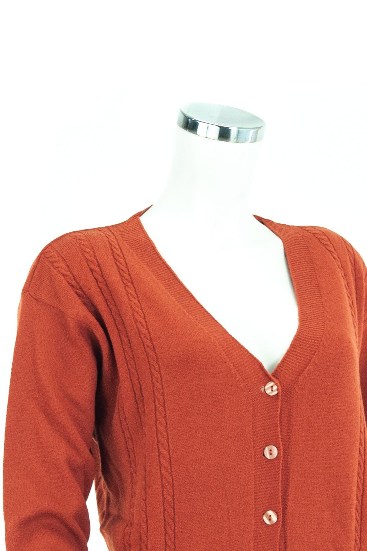 Kadın Turuncu Kışlık Desenli Düğmeli Cepli Normal Kesim Likralı Hırka