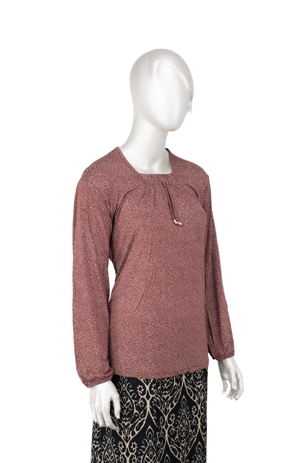 Kadın Turlu Viskon Penye Kumaş Anne Bluz Şık Kum Desenli Likralı Kare Yaka Uzun Kol TamKalıp