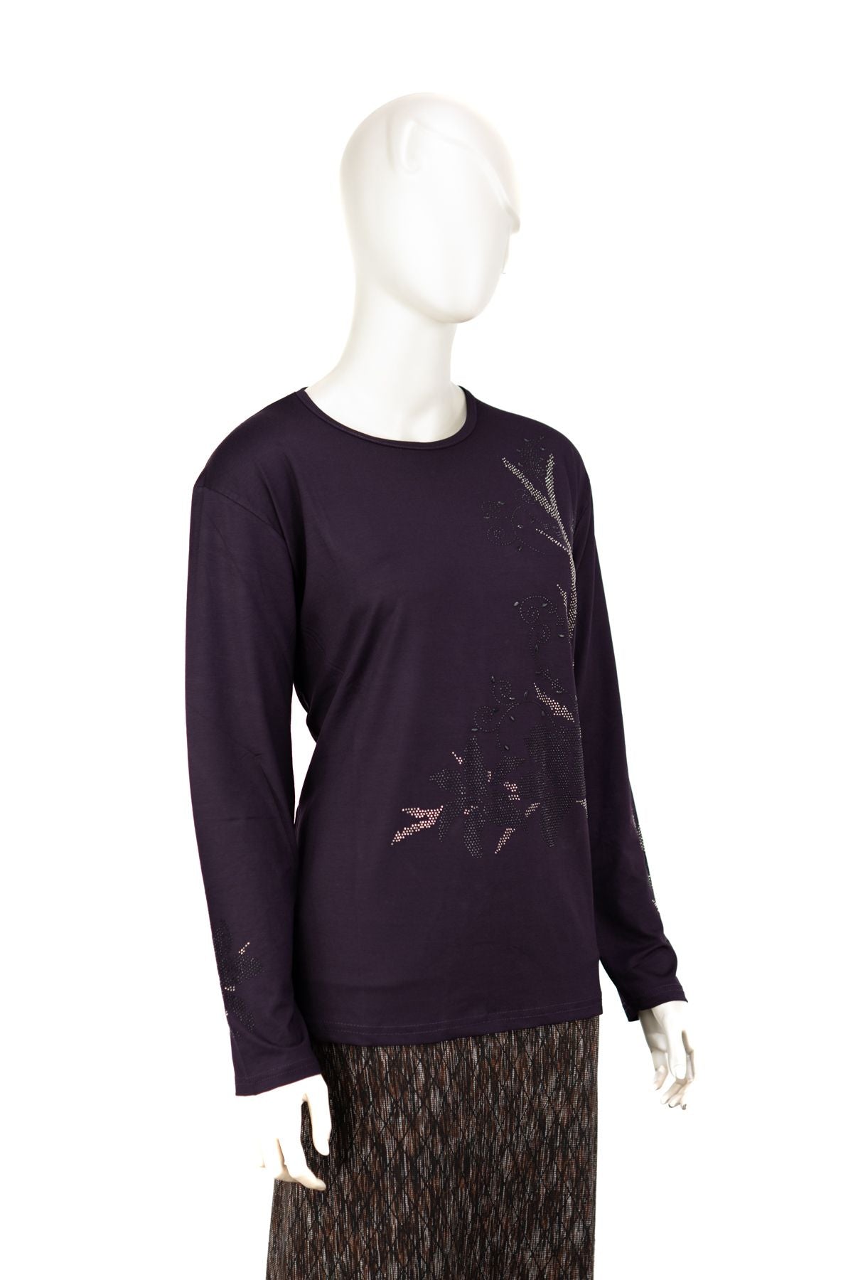 Kadın Turlu Viskon Penye Kumaş Anne Bluz Şık Çiçek Taşlı Yuvarlak Yaka Tam Kalıp Likralı