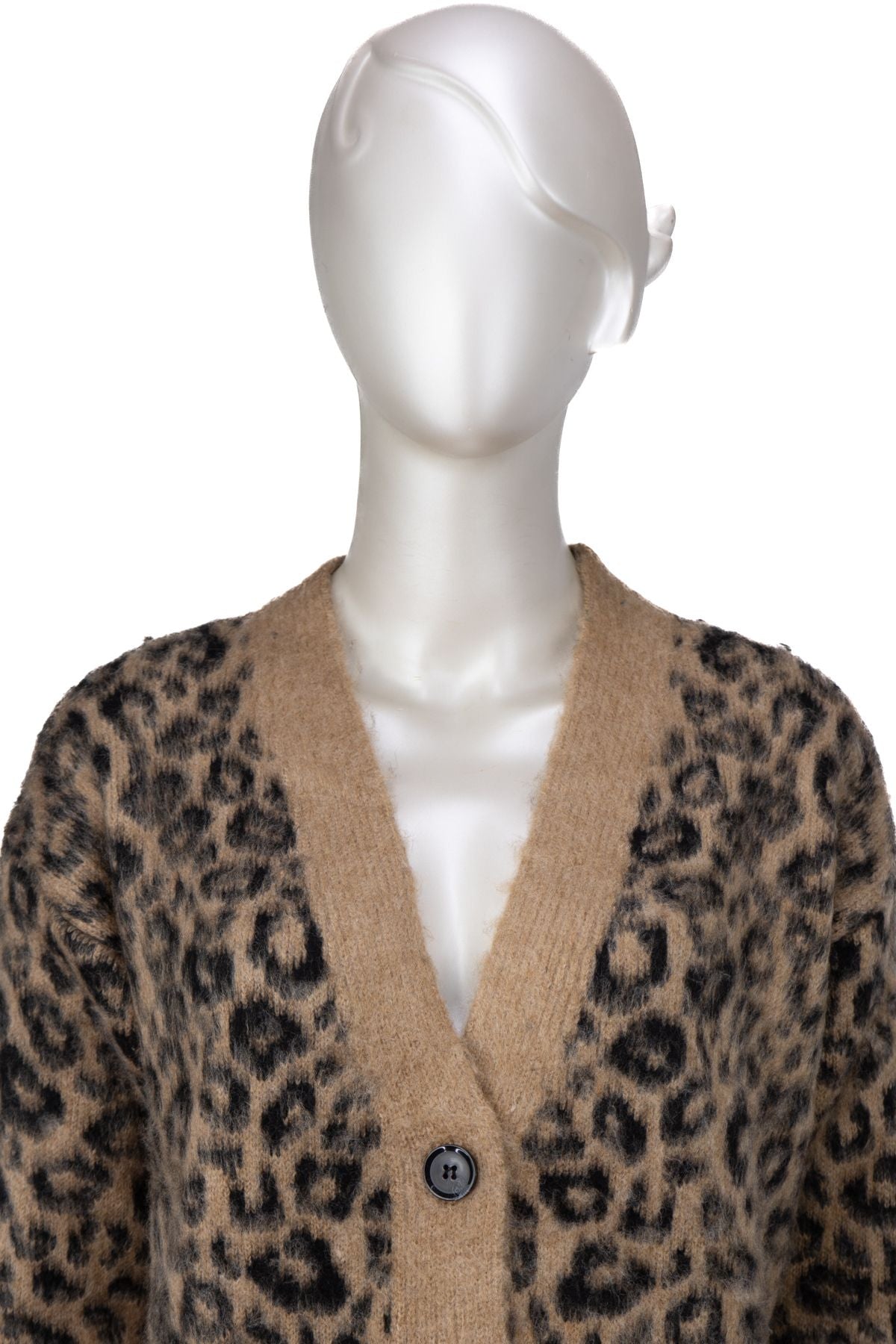 Kadın Kışlık Yün Örme Triko Hırka Over Size Standart Beden V Yaka Modern Leopar Motifli