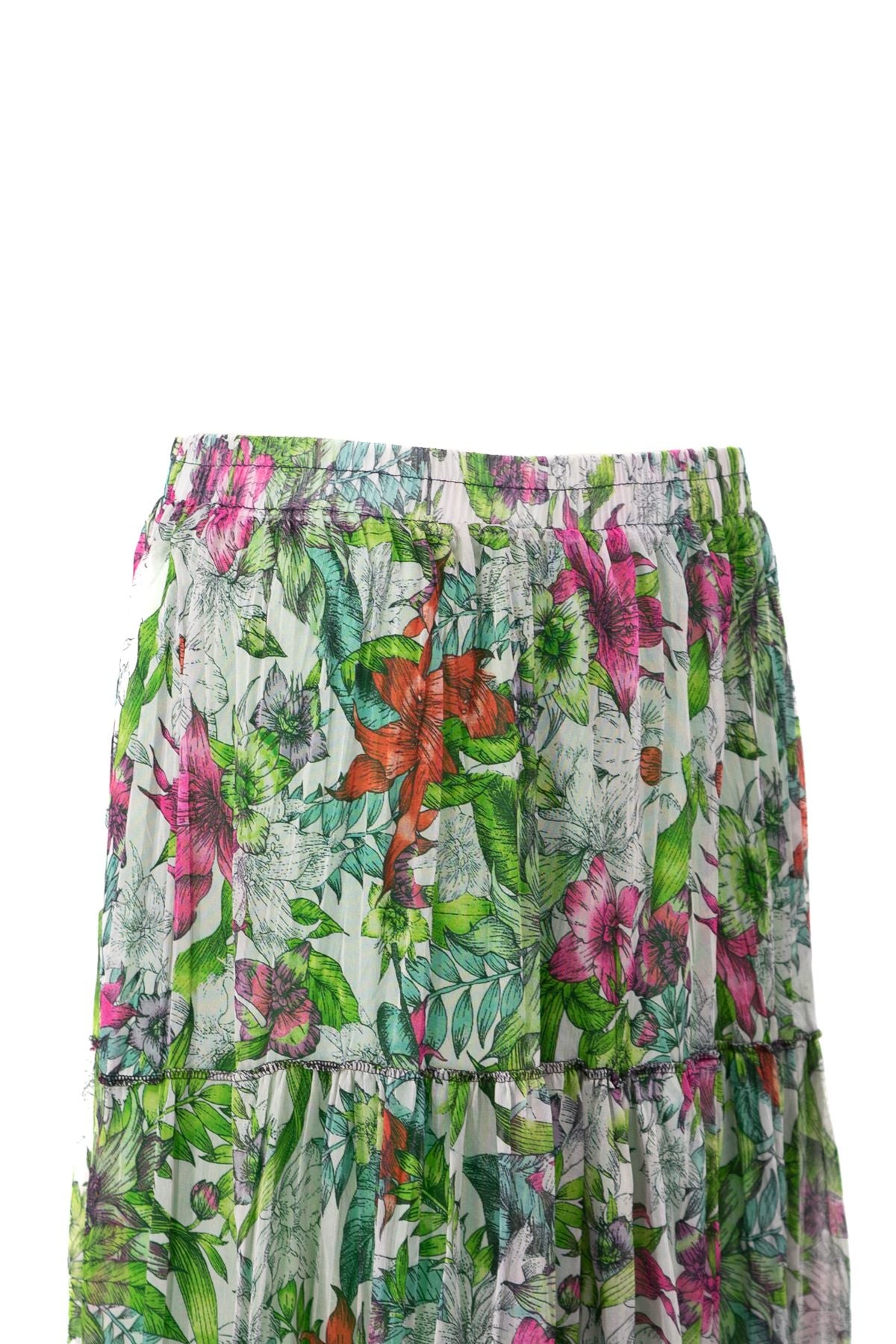 Kadın Astarlı Şifon Etek Manolya Desenli Beli Lastikli Rahat Kesim Parçalı