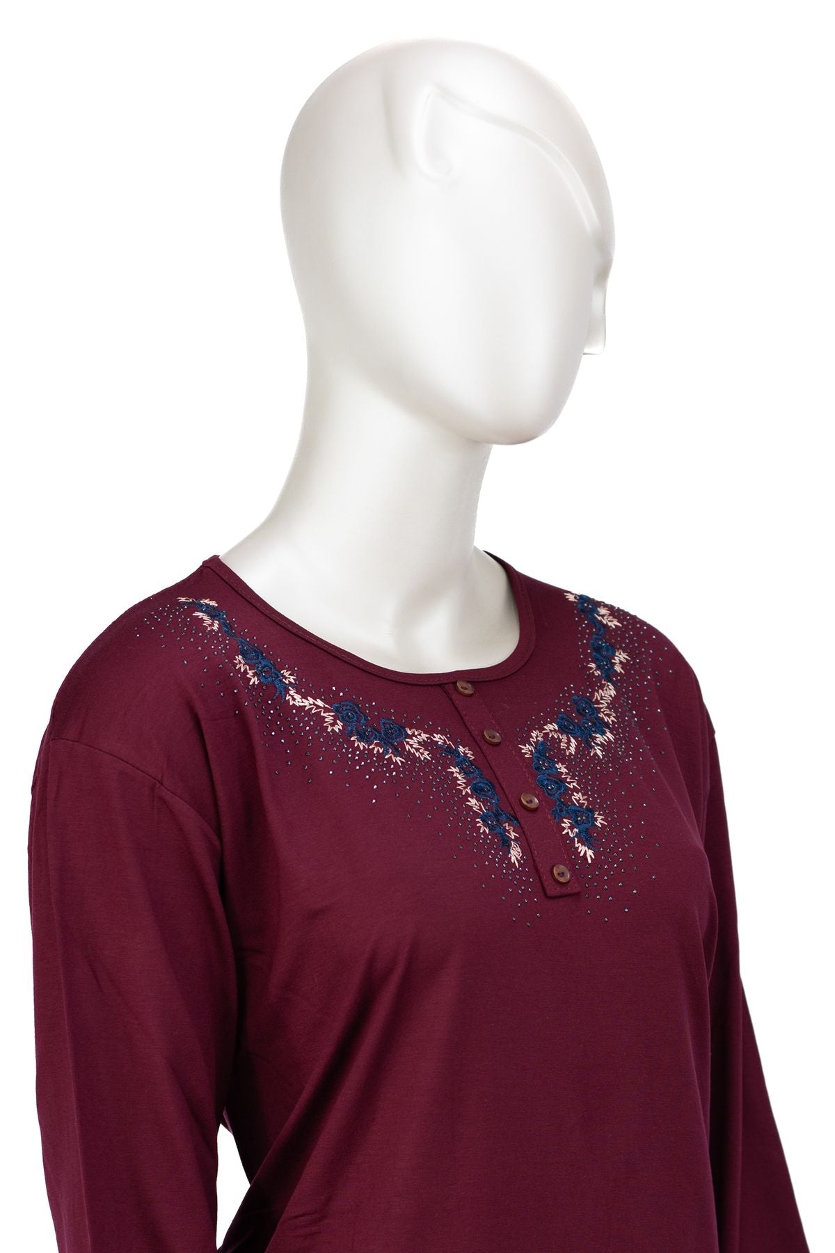 Kadın Turlu Viskon Penye Kumaş Anne Bluz Şık Taşlı ve Nakışlı Yuvarlak Yaka TamKalıp Likralı