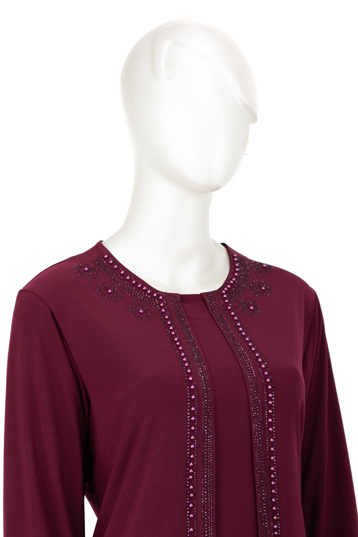 Kadın Sandy Kumaş Anne Bluz inci Taşlı Boncuklu Yuvarlak Yaka Likralı Rahat Kesim Tam Kalıp