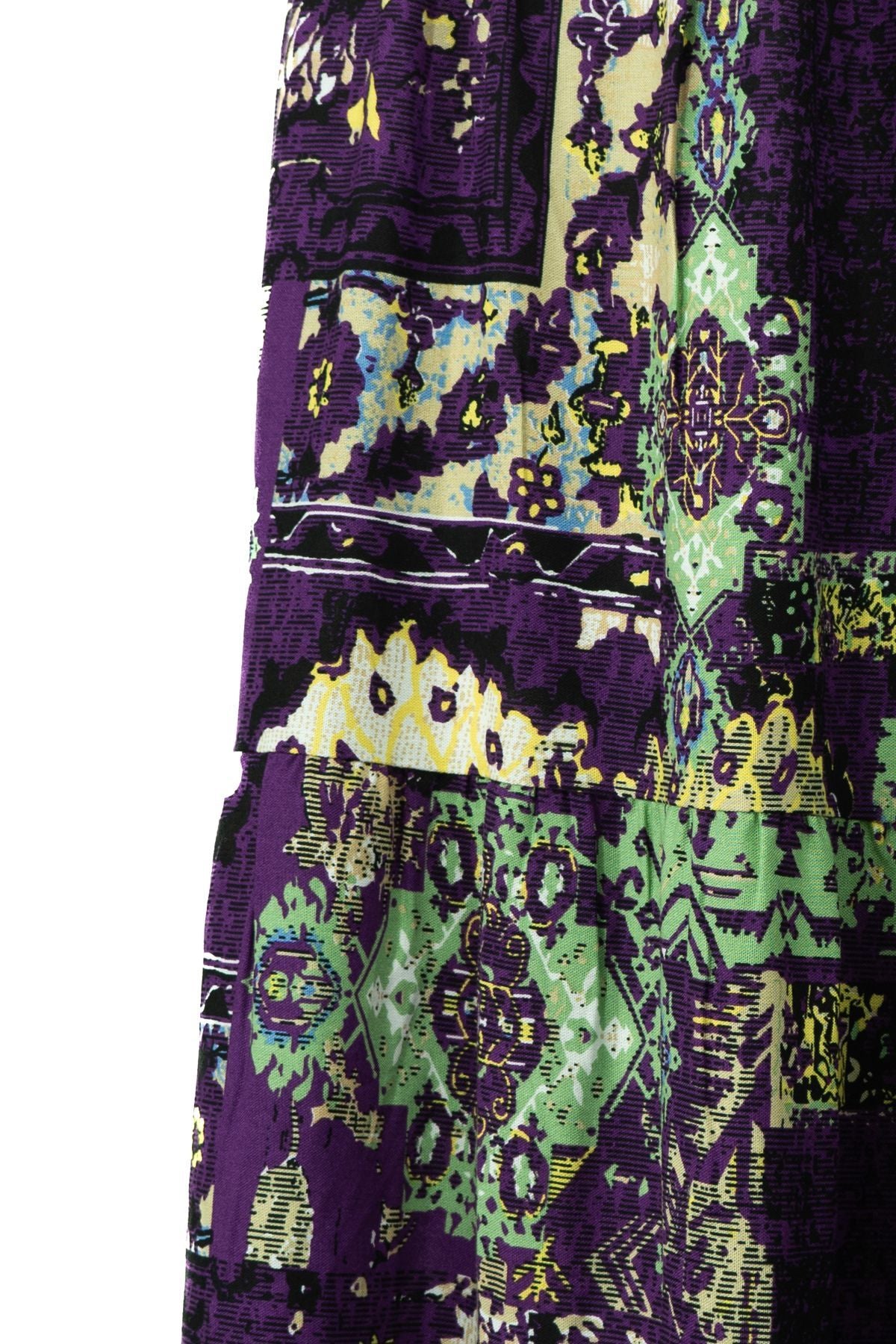 Kadın Dokuma Viskon Kumaş Parçalı Anne Etek Sümbül Çiçeği Desenli Beli Lastikli Rahat Kesim