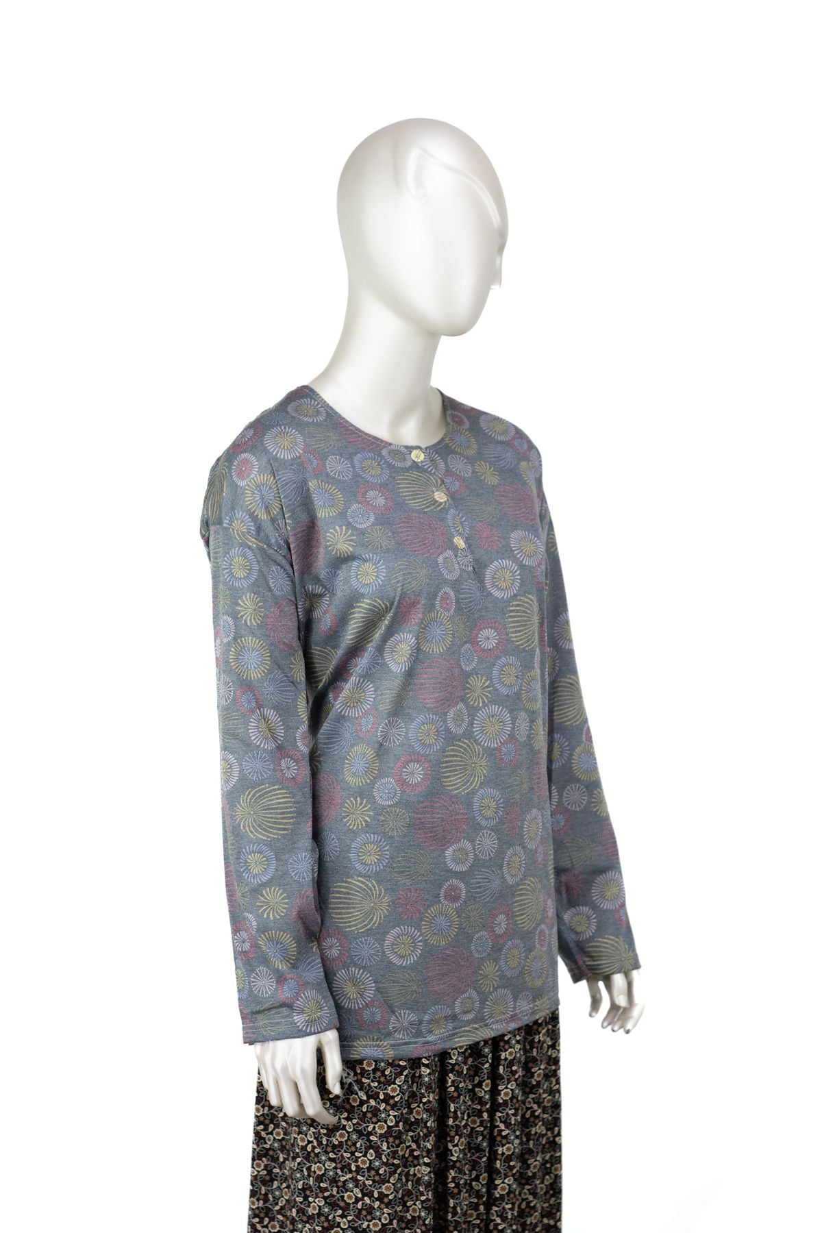 Kadın Kağıt Baskı Klasik Anne Bluz Pamuk Kumaş Gelin Desenli Üç Düğmeli Yuvarlak Yaka Rahat