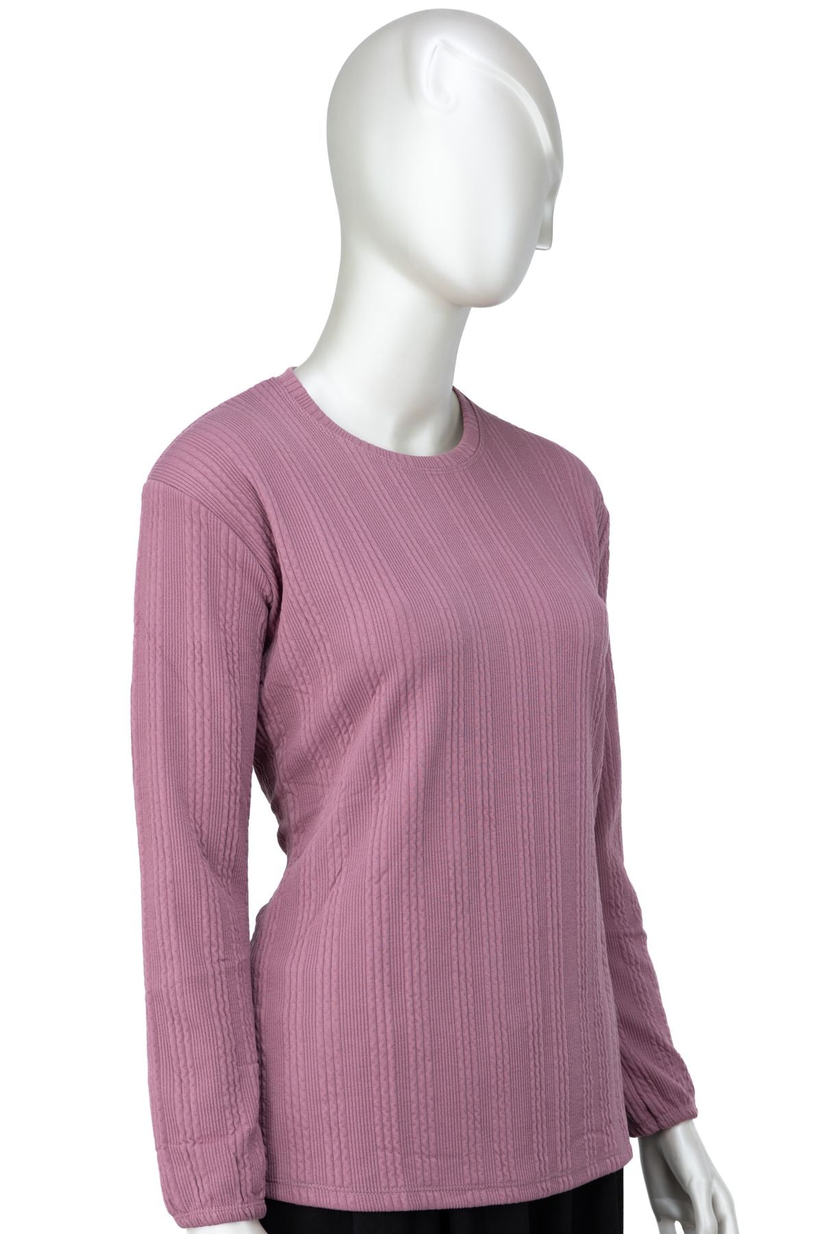 Kadın Kışlık Badi Bluz Gofre Kumaş Kendinden Desenli Likralı Yuvarlak Yaka Uzun Kollu Rahat