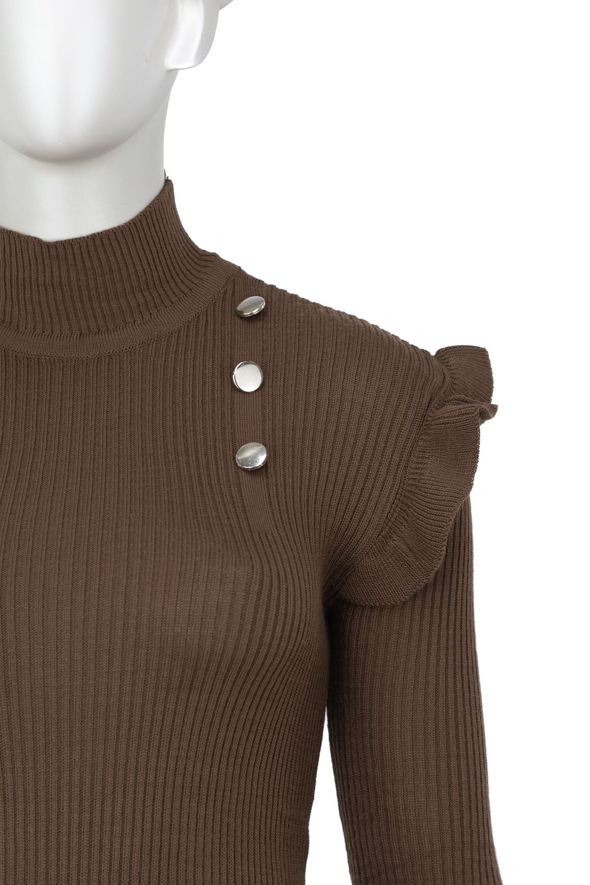 Kadın Kışlık Kolları Şık DüğmeDetaylı Yarım Yaka Bedene Oturan Likralı Örme Triko Badi Kazak