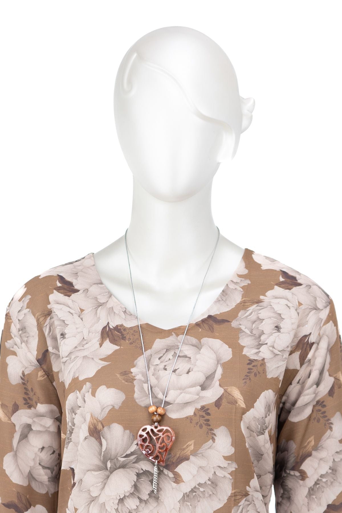 Kadın Klasik Şifon Anne Bluz Viskoz Kumaş Gül Desenli Kolyeli Uzun Kollu Astarlı Tam Kalıp