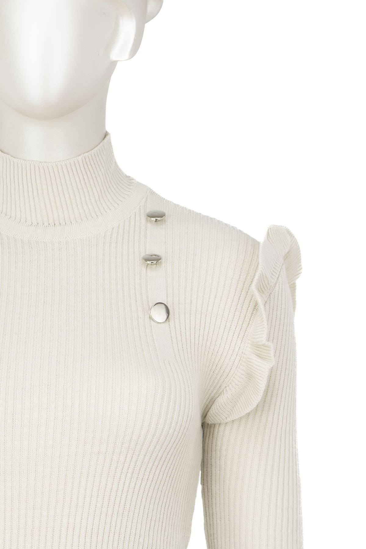 Kadın Kışlık Kolları Şık DüğmeDetaylı Yarım Yaka Bedene Oturan Likralı Örme Triko Badi Kazak