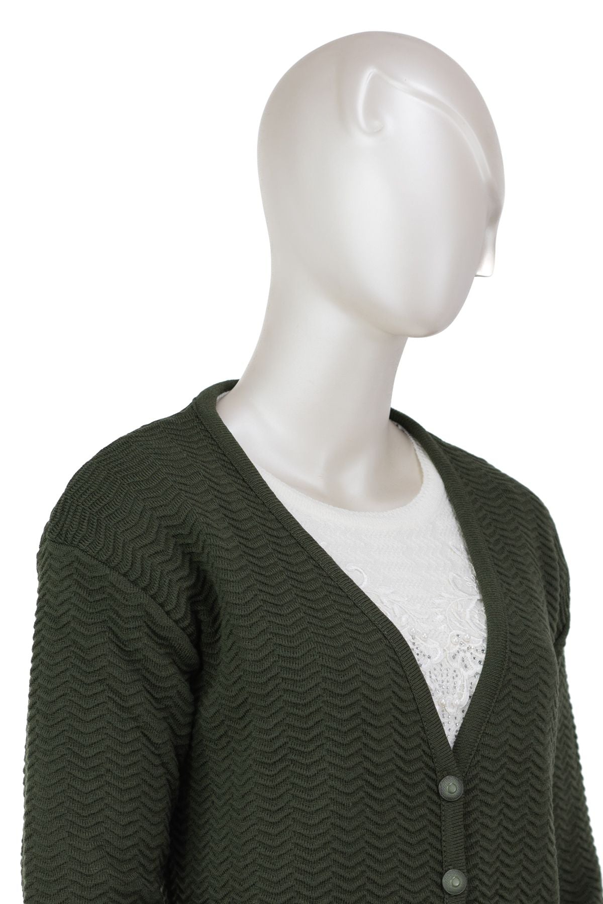 Kadın Kalın Kışlık Kendinden Motifli Cepli Triko Örme Anne Hırka Rahat Kesim Tam Kalıp