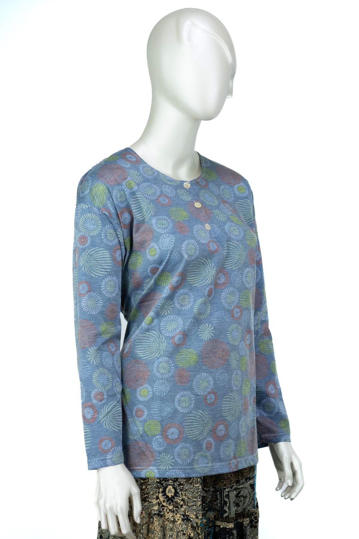 Kadın Kağıt Baskı Klasik Anne Bluz Pamuk Kumaş Gelin Desenli Üç Düğmeli Yuvarlak Yaka Rahat